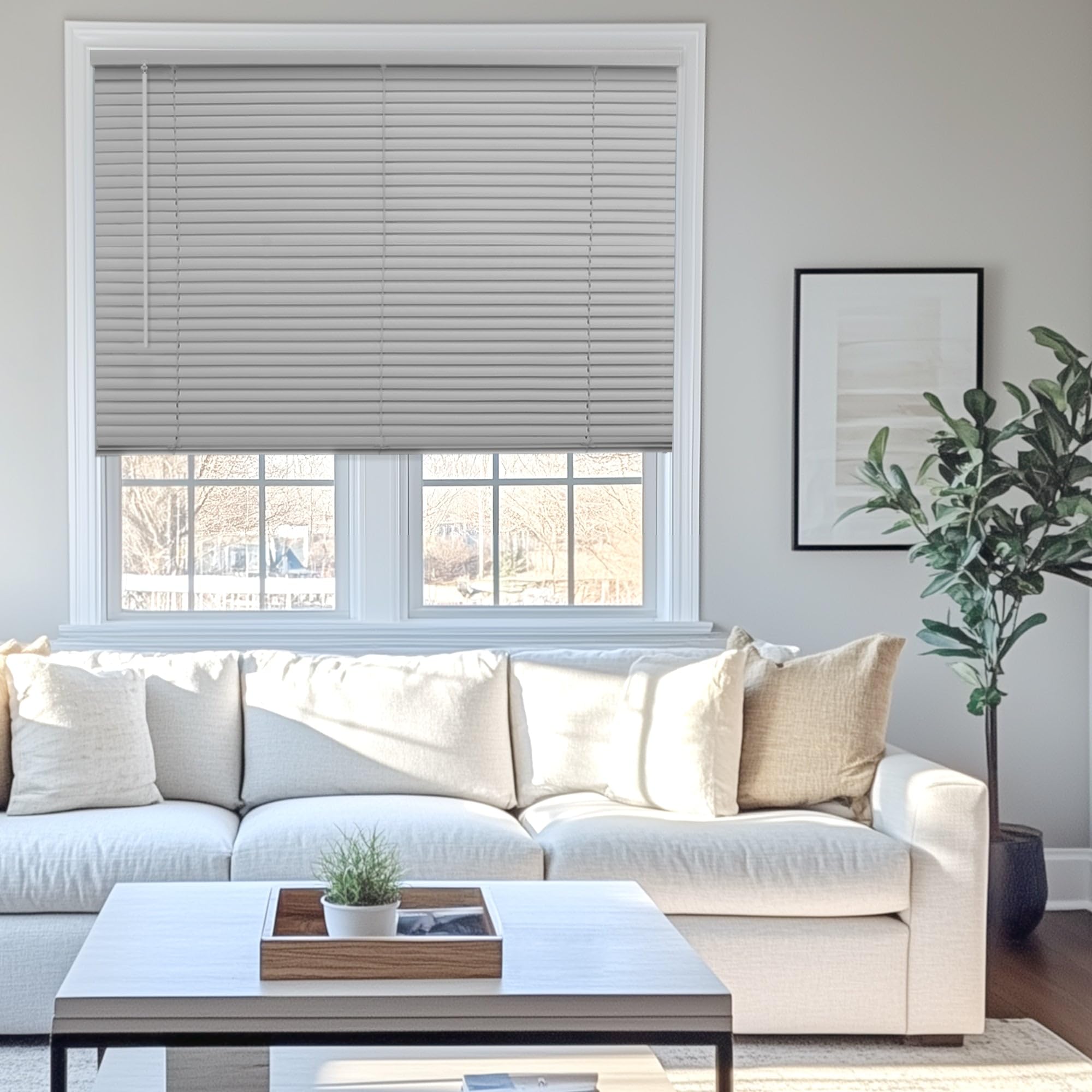 CHICOLOGY Mini Blinds for Indoor Windows - 32 W X 60 H, Gray Horizontal Vinyl Blinds | Cordless | Easy to Install | Sleek Low-Pr