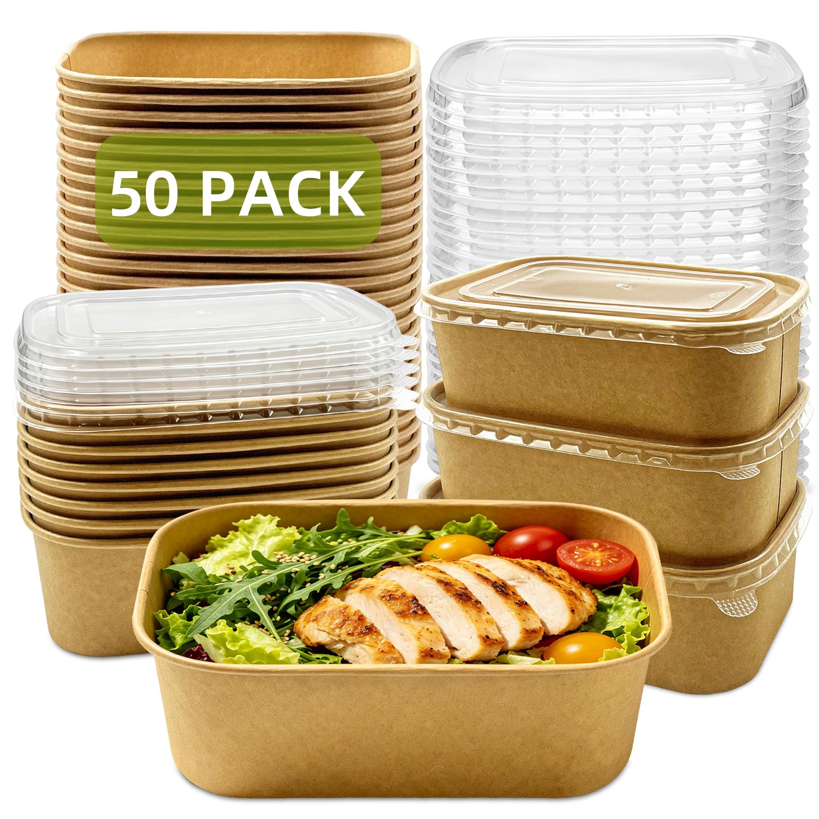 Seuqhck 50 Pack Paper Meal Prep Containers with Lids, 35 oz Thicken Disposable and Compostable Take out Food Containers Rectangu