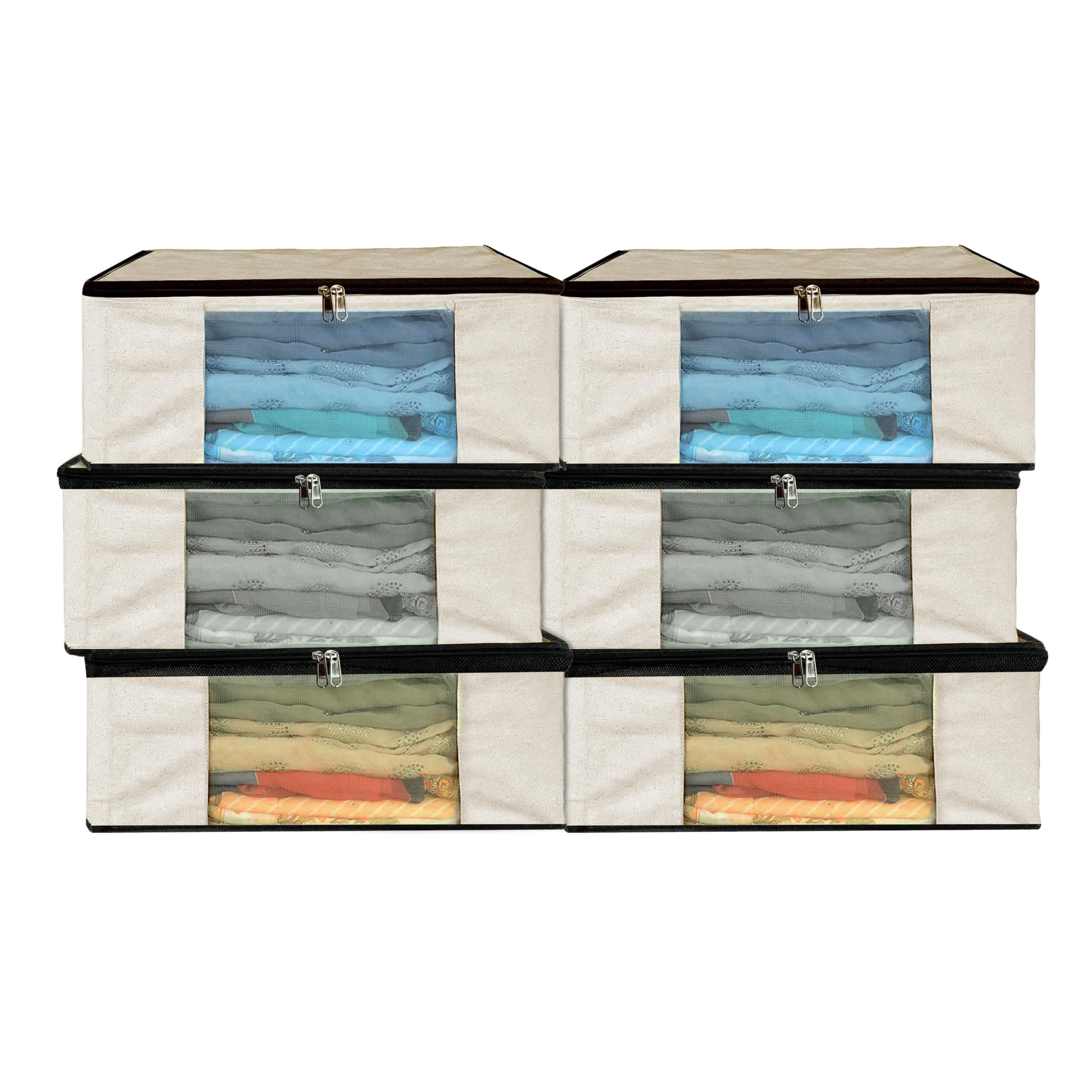 Storite 6 Pack Cotton Canvas Clothes Storage Bags/Saree Covers With Zip For Storage Specially Design For Woman Dresses, Sarees, 