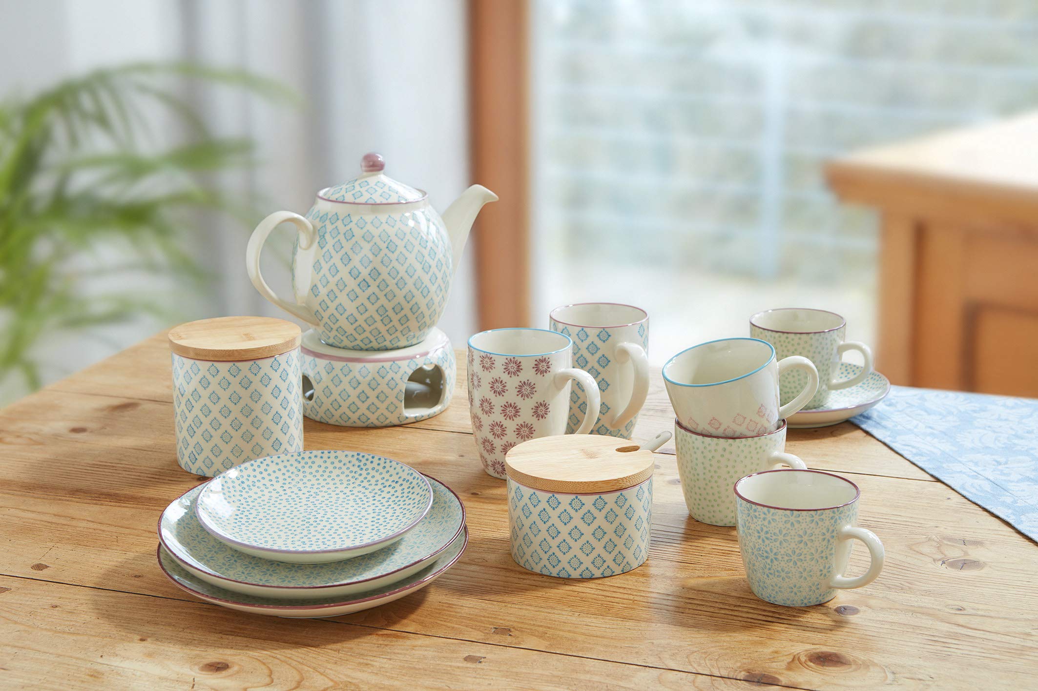 Bloomingville Sugar Bowl Patrizia Stoneware With Bamboo Lid/Spoon - Jar For Salz, Jam, Mustard Dia 4'' H 2.75'', Blue, Stoneware