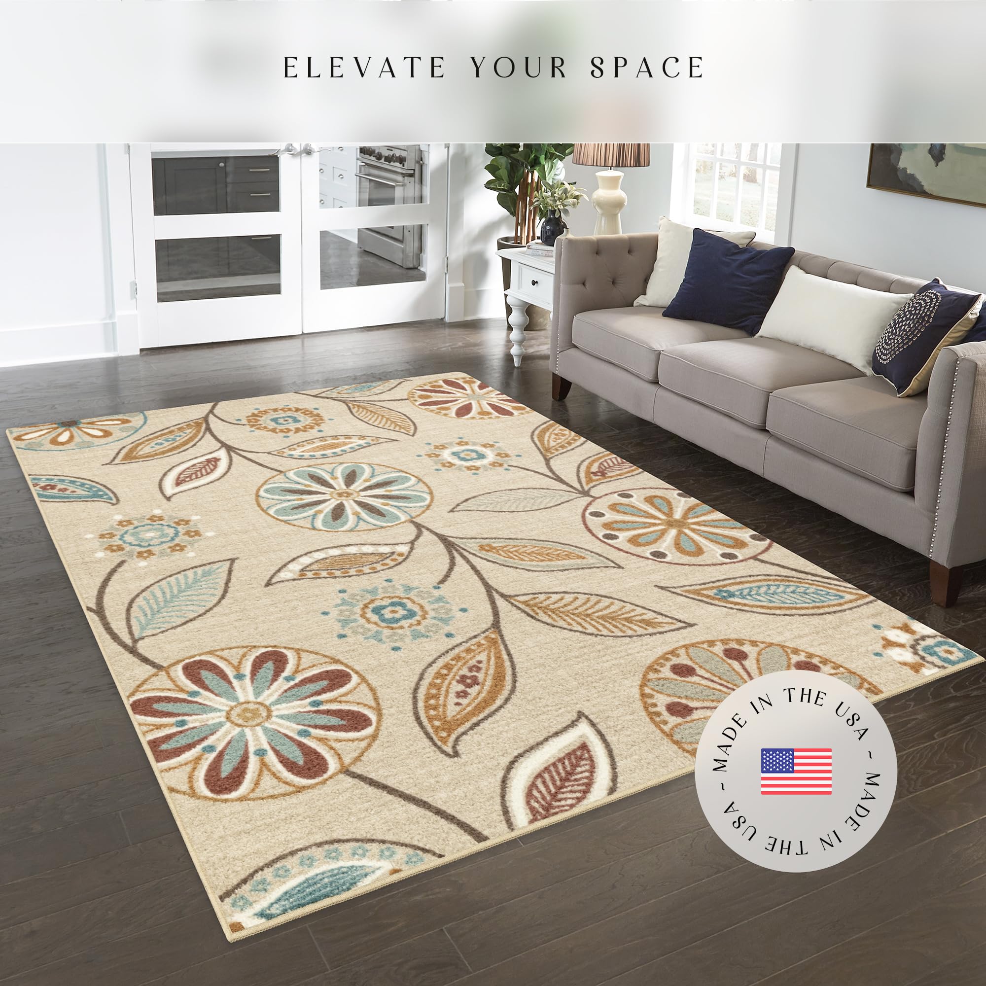 Maples Rugs Reggie Floral Area Rug - Made in USA - Low Pile, Non Slip, Pet-Friendly Mat for Living Room, Bedroom, and Office, 7