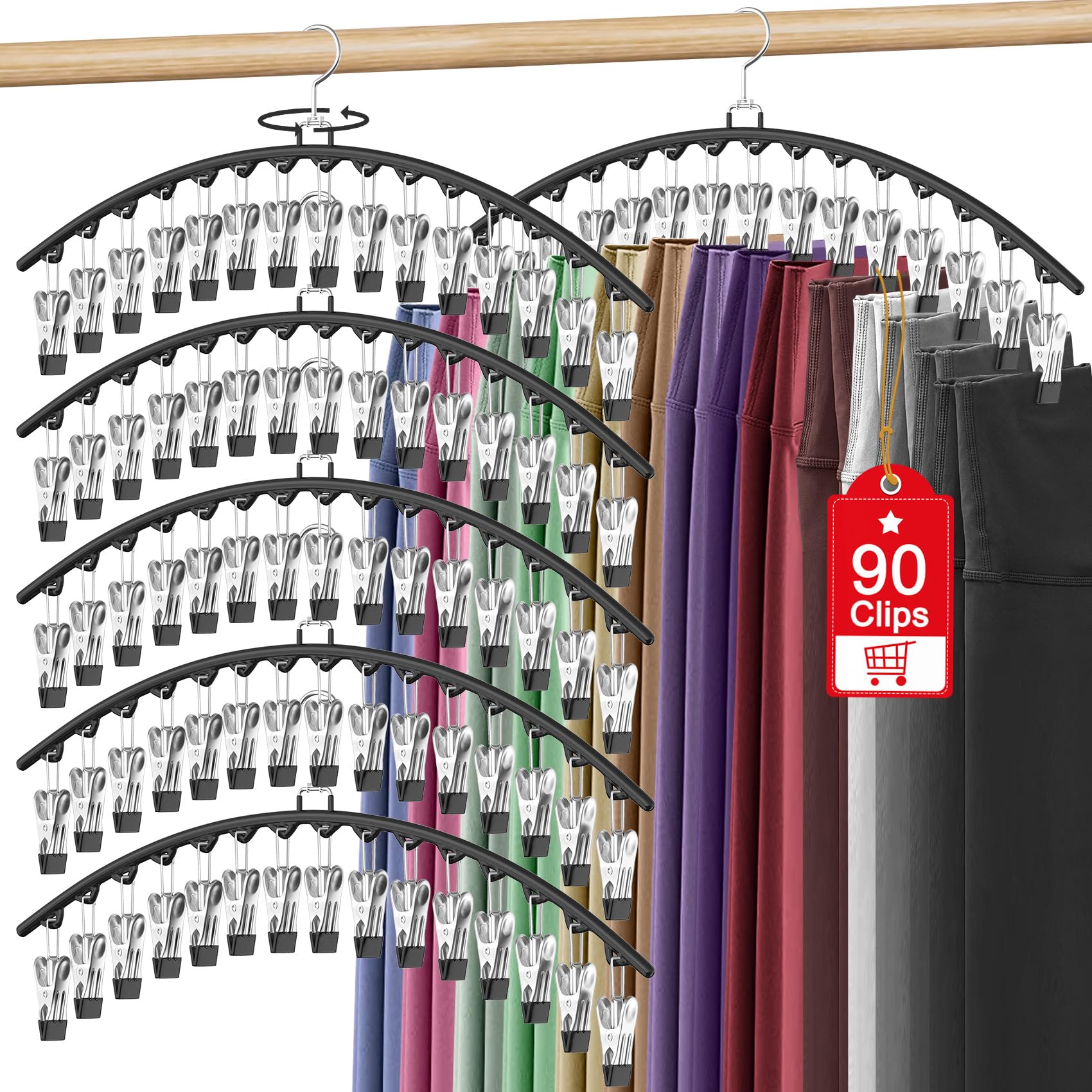 6 Pack Legging Organizer For Closet Hanging, Pants Hangers With 15 Clips Holds 45 Leggings, Shorts, Skirts, Jeans, Hats, Pants H