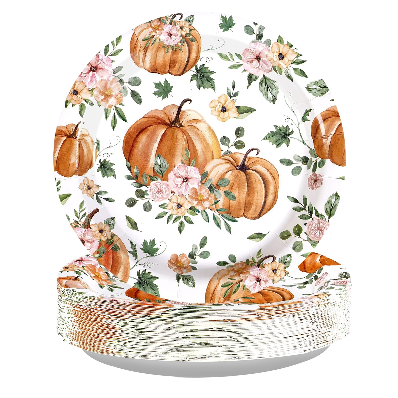 Grencian 50Pcs Fall Pumpkin Paper Plates 9 Pink Floral Pumpkin Party Plates Watercolor Disposable Autumn Paper Platter for Harve