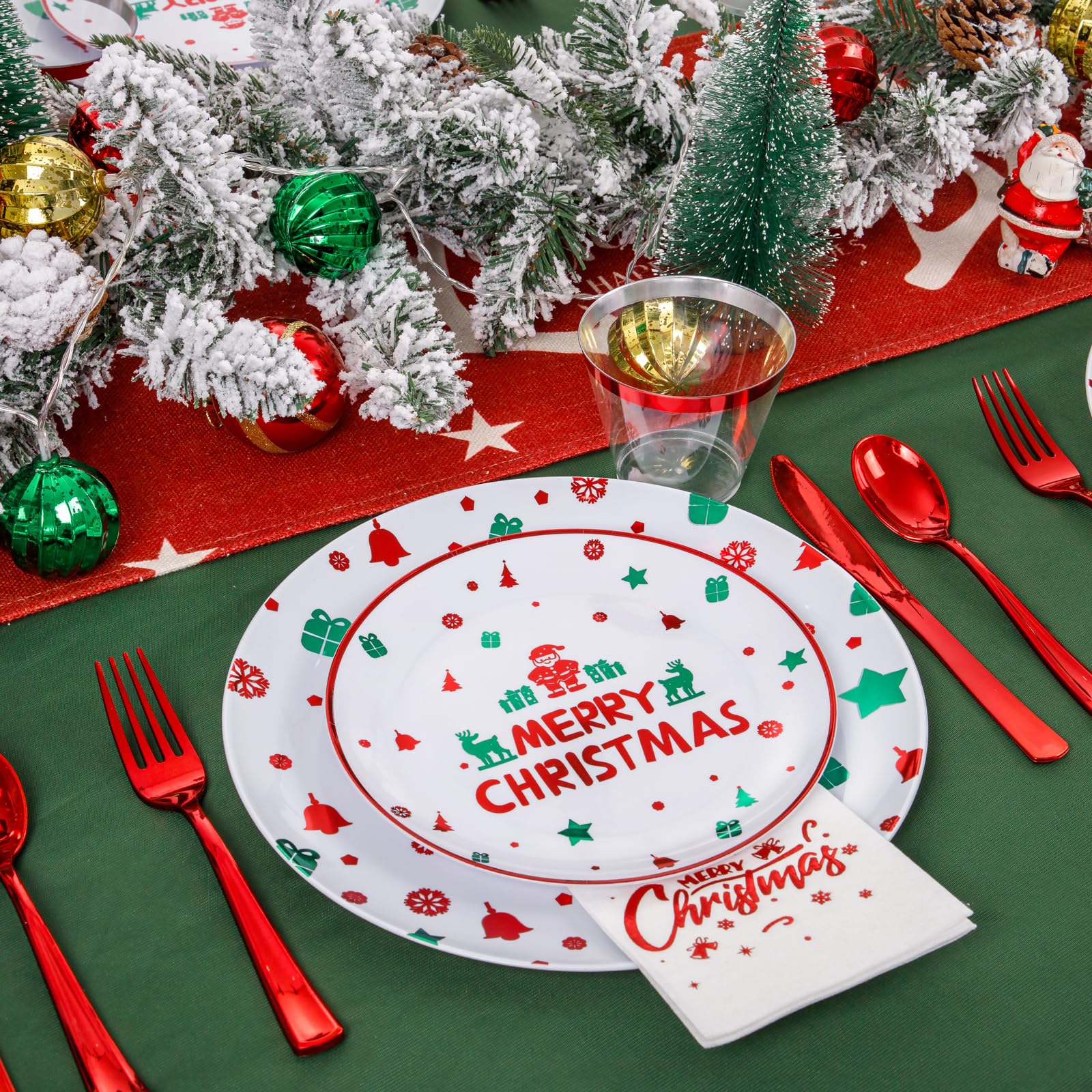 Sut 175 Pcs Christmas Plastic Plates, Christmas Party Plates And Cups And Napkins Sets For 25 Guests,Red Christmas Plates Dispos