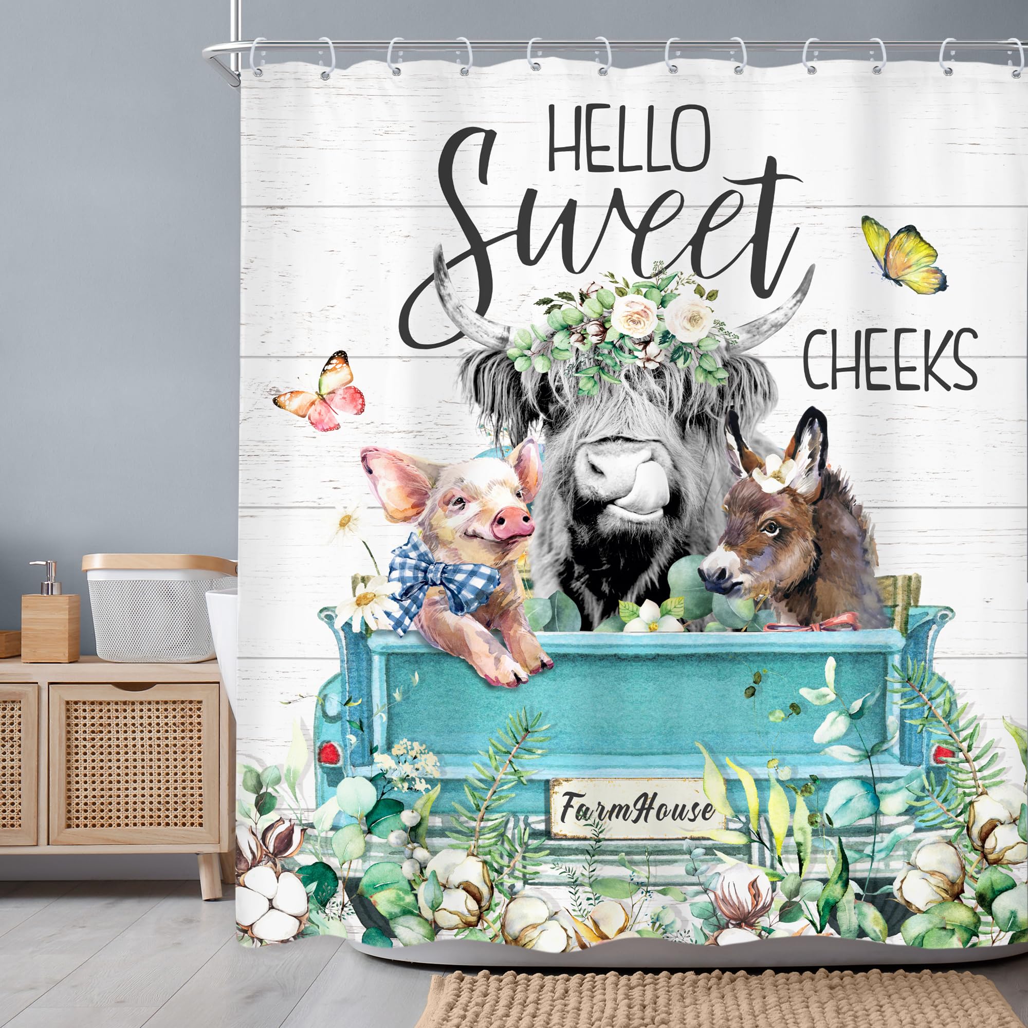 Newsely Farmhouse Highland Cow Shower Curtain 60Wx72H Inch Cute Bull Donkey Pig Cotton Flower Green Truck Shower Curtain Bathroo