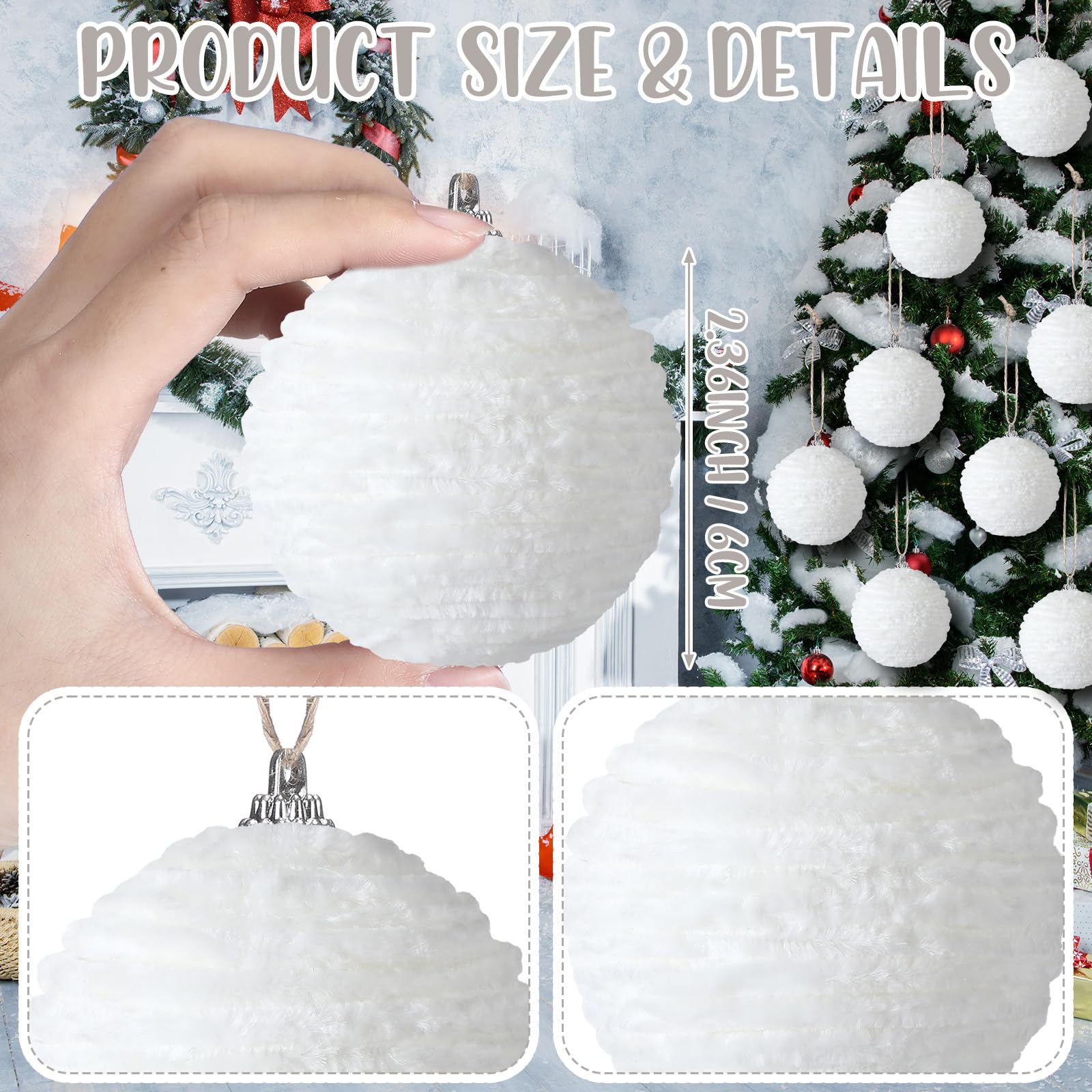 Hungdao 9 Pcs White Christmas Ornaments Velvet Ball Flocked Chenille Christmas Tree Ball Ornaments Decorative Xmas Hanging Decor