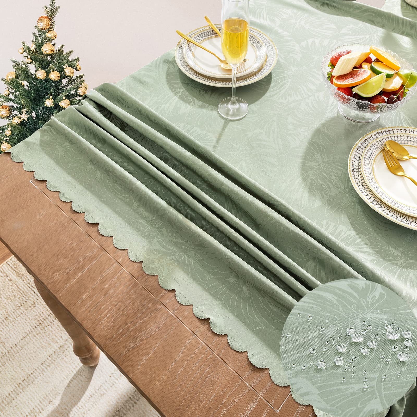 Efficinature Rectangle Tablecloths 52X70 Inch Waterproof Washable Sage Green Oblong Table Clothes For 4 Foot Tables Leave Patter
