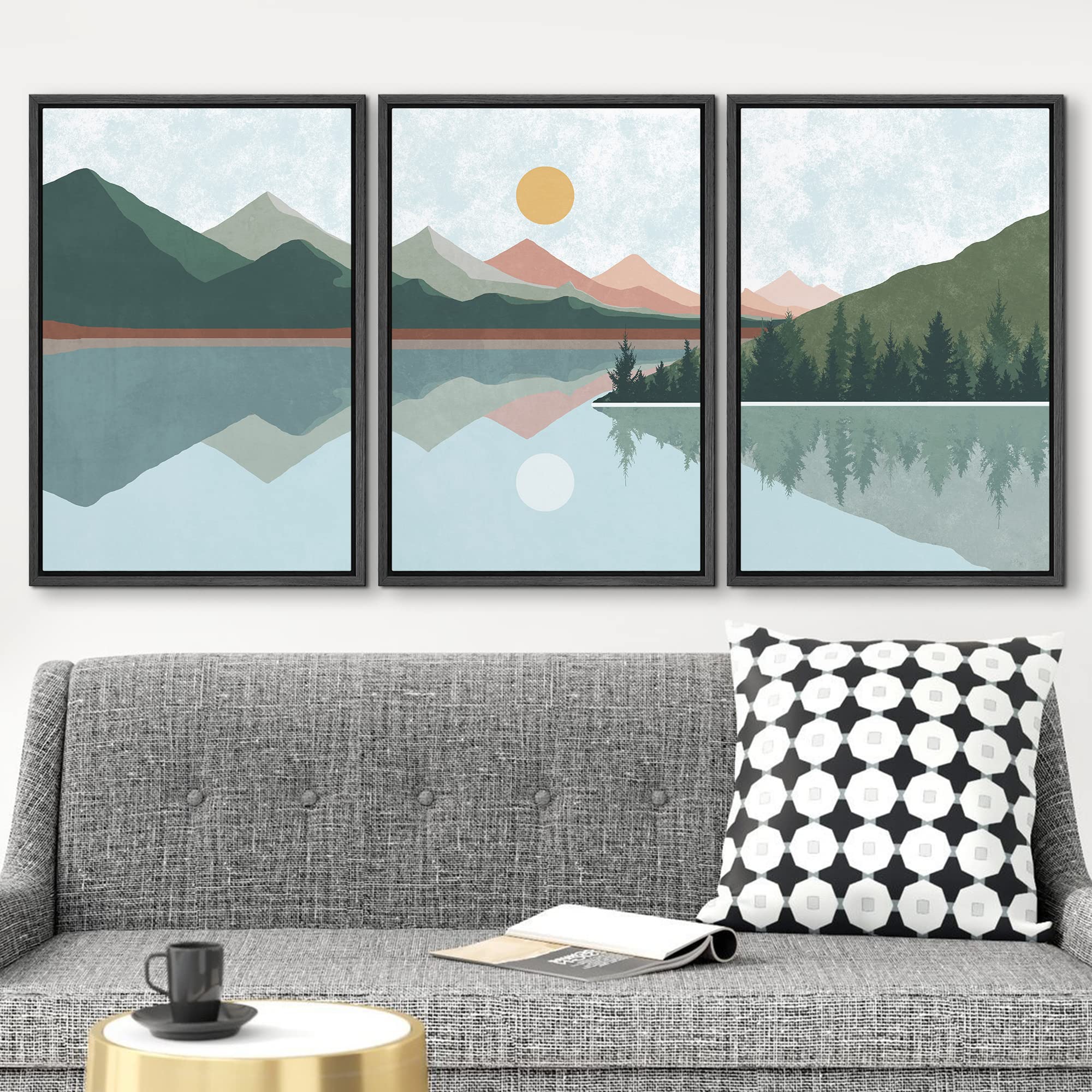 Wall26 Framed Canvas Print Wall Art Set Green Mountain Range Forest Trees Abstract Nature Illustrations Modern Art Nordic Decora