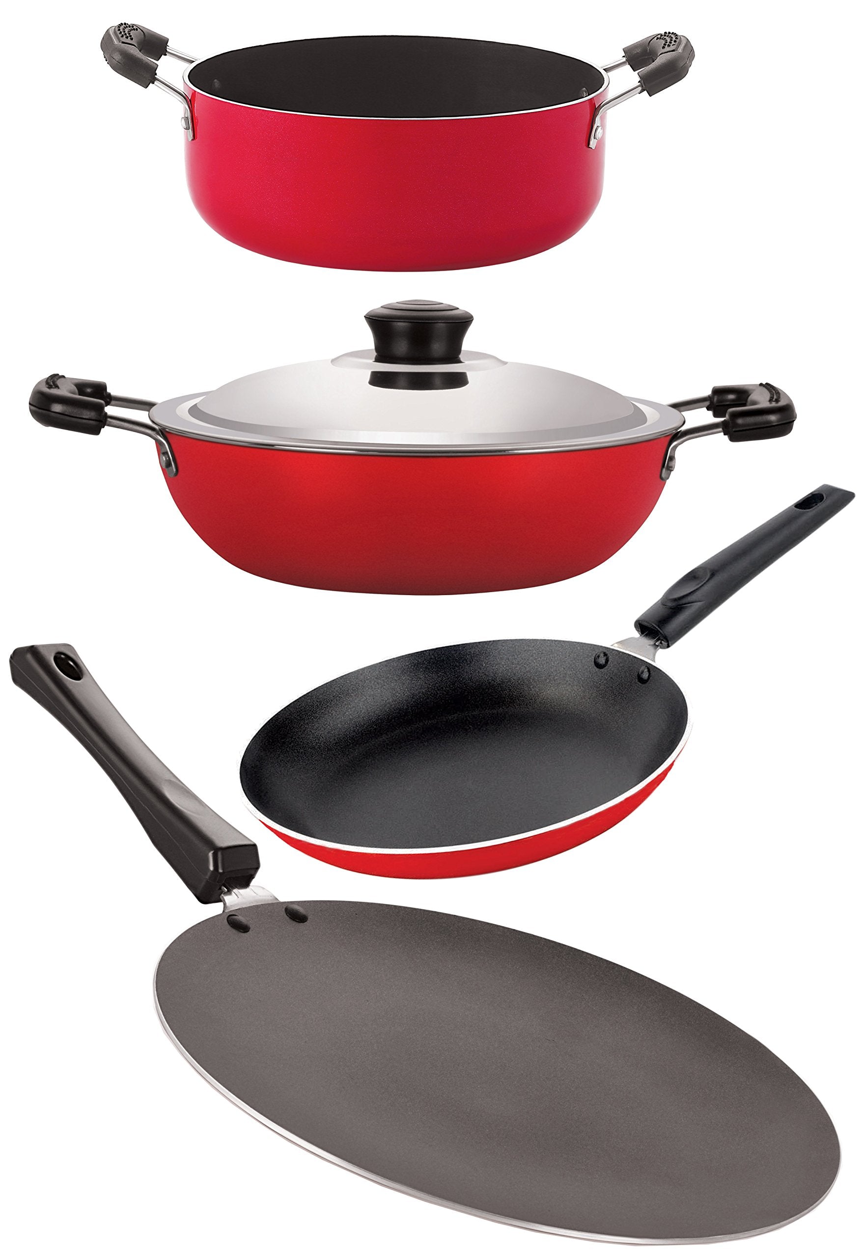 Nirlon NonStick Aluminum Cookware Set, 4Piece, Red And Black (2.6Mm_Ct_Dkdb_Tp_Cass20)
