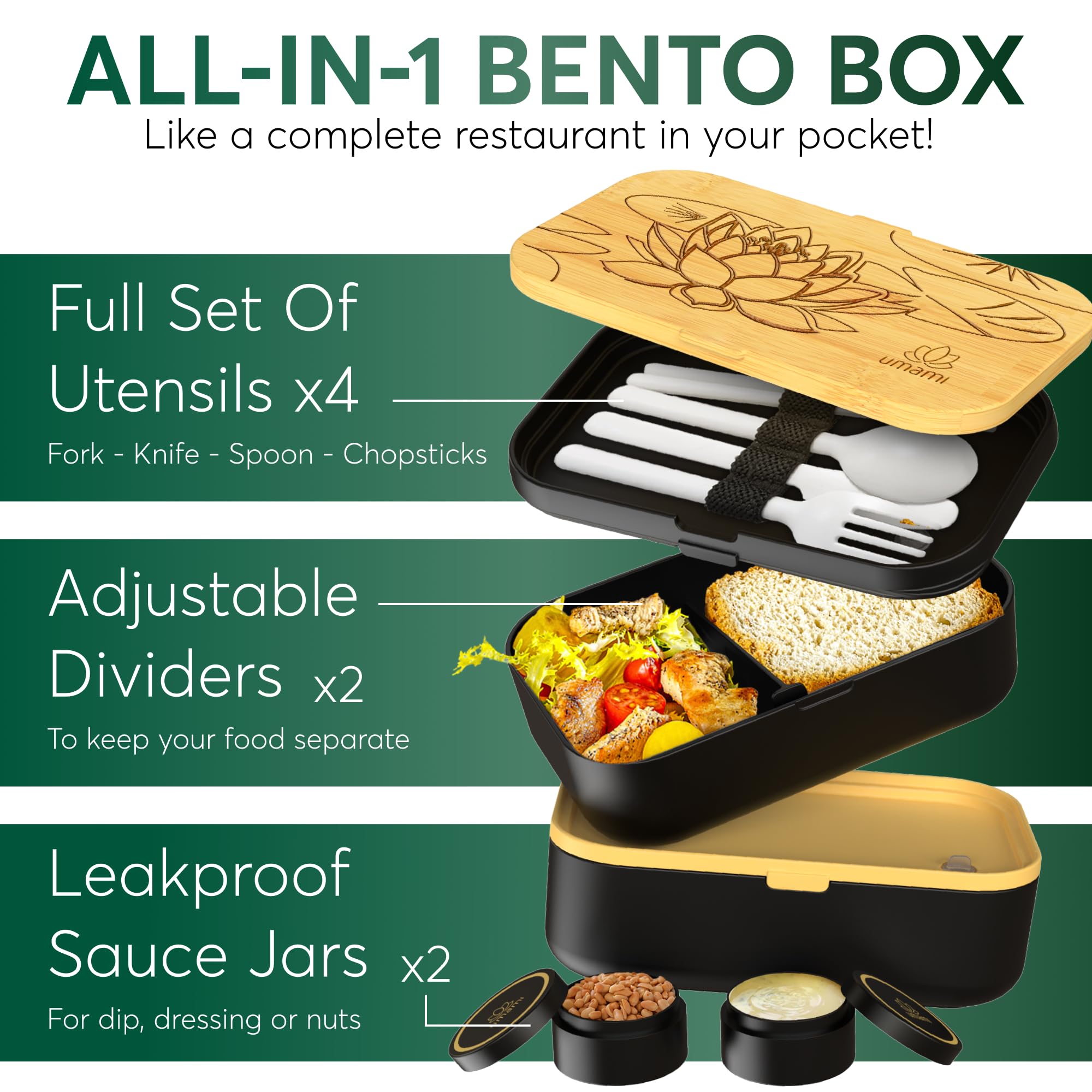 Umami Bento Lunch Box for Men & Women, Black Lotus, 68 oz