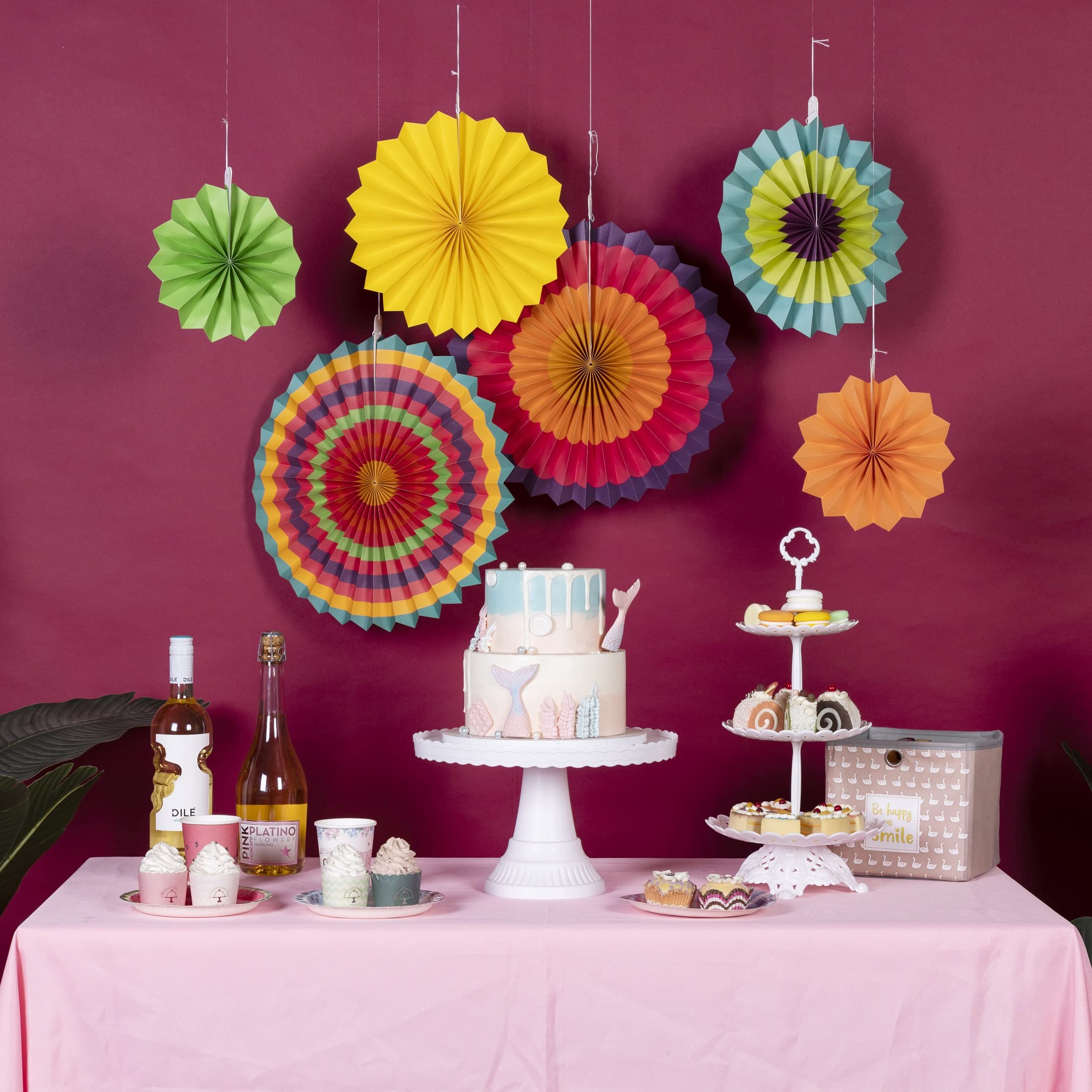 Sunbeauty Pack Of 6 Hanging Paper Fans Party Carnival Circus Round Pattern Paper Garlands Decoration For Birthday Baby Shower Gr