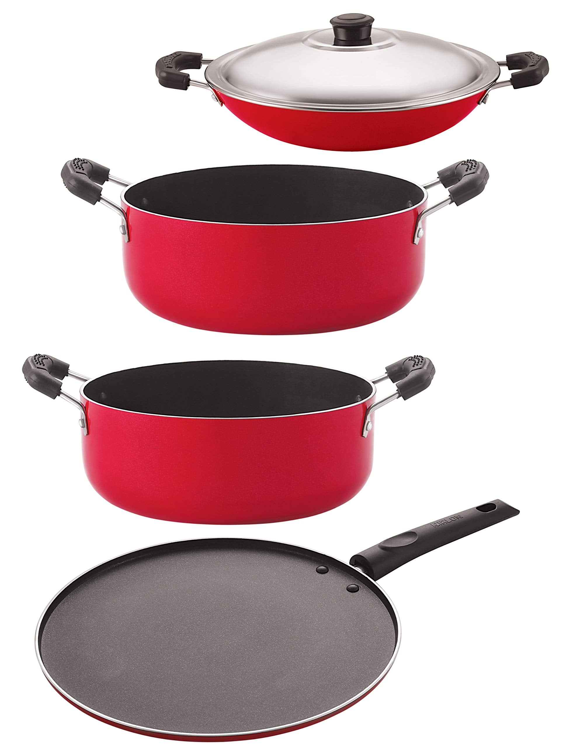 Nirlon Nonstick Aluminium Cookware Set, 4Pieces, Red (Ac_Cs20_St12_Cs24)