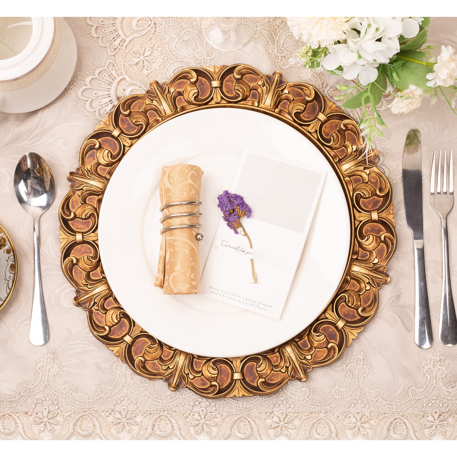 Maoname 14'' Antique Gold Charger Plates With Embossed Rims, Set Of 6, Plastic Plate Chargers For Dinner Plates, Table Setting