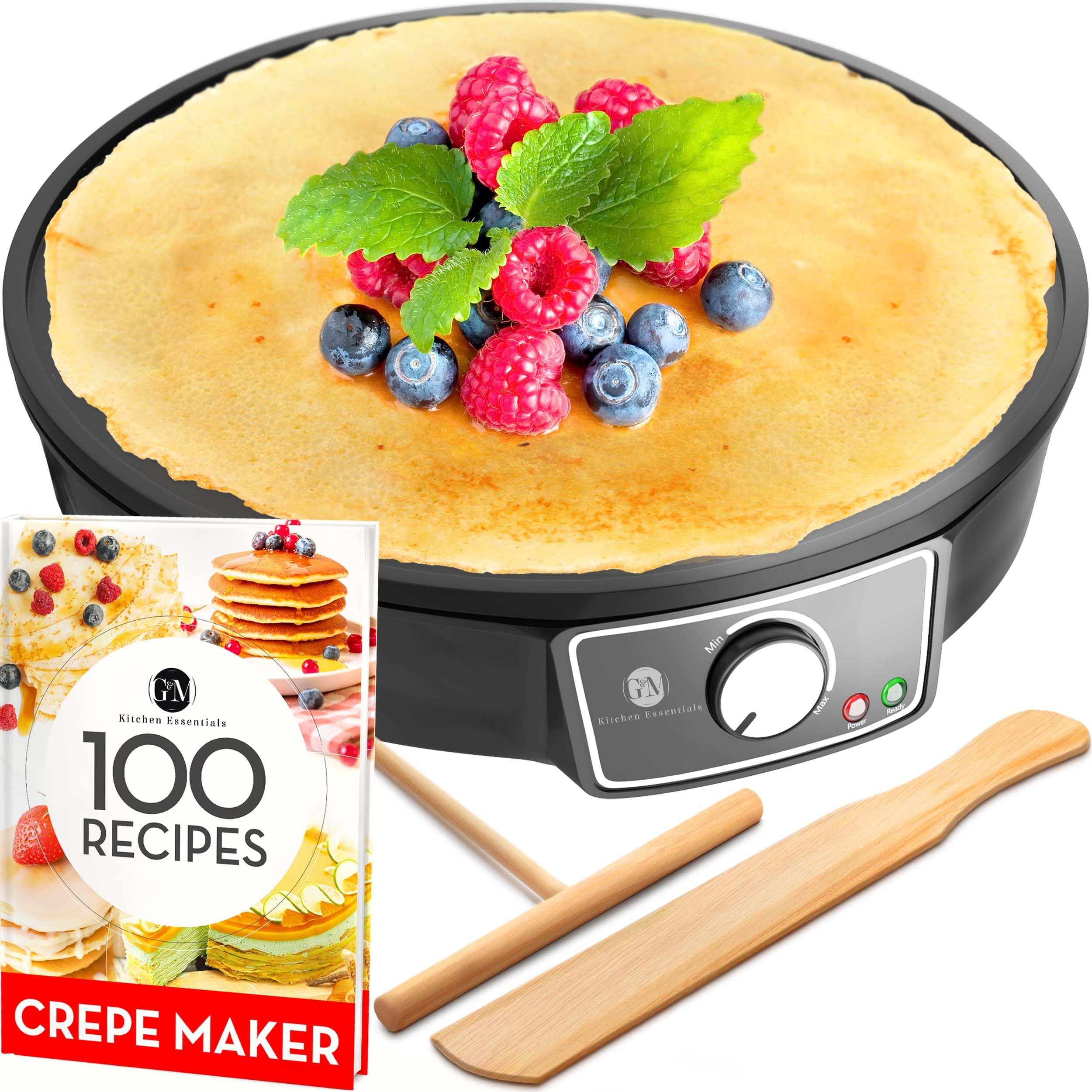 Crepe Maker Machine (Easy To Use), Pancake Griddle - Nonstick 12    Electric Griddle - Pancake Maker, Batter Spreader, Wooden Sp