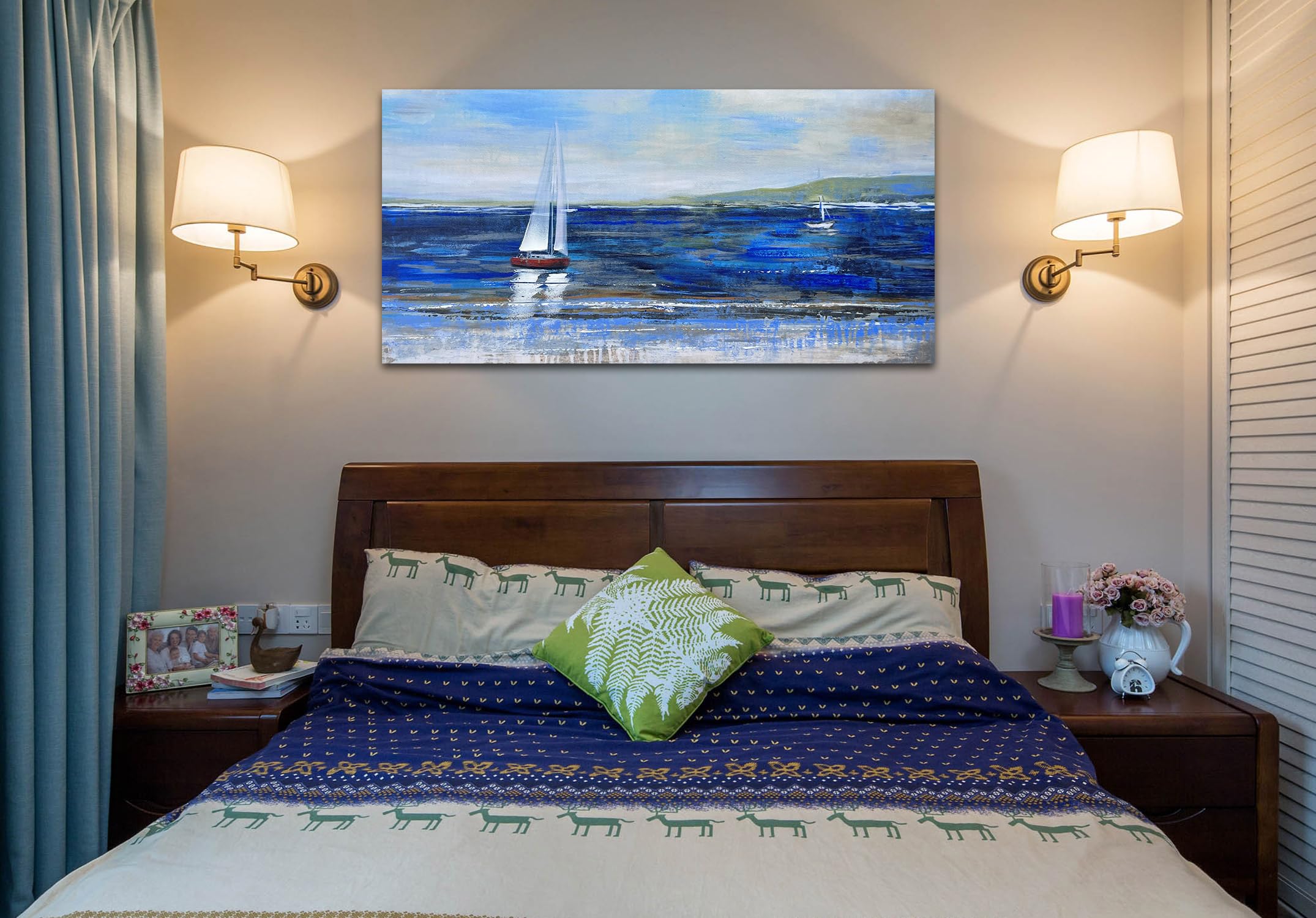 Ardemy Blue Abstract Canvas Wall Art Seascape Painting Landscape Picture Textured Navy Blue Modern Sailboat Ocean Artwork Framed