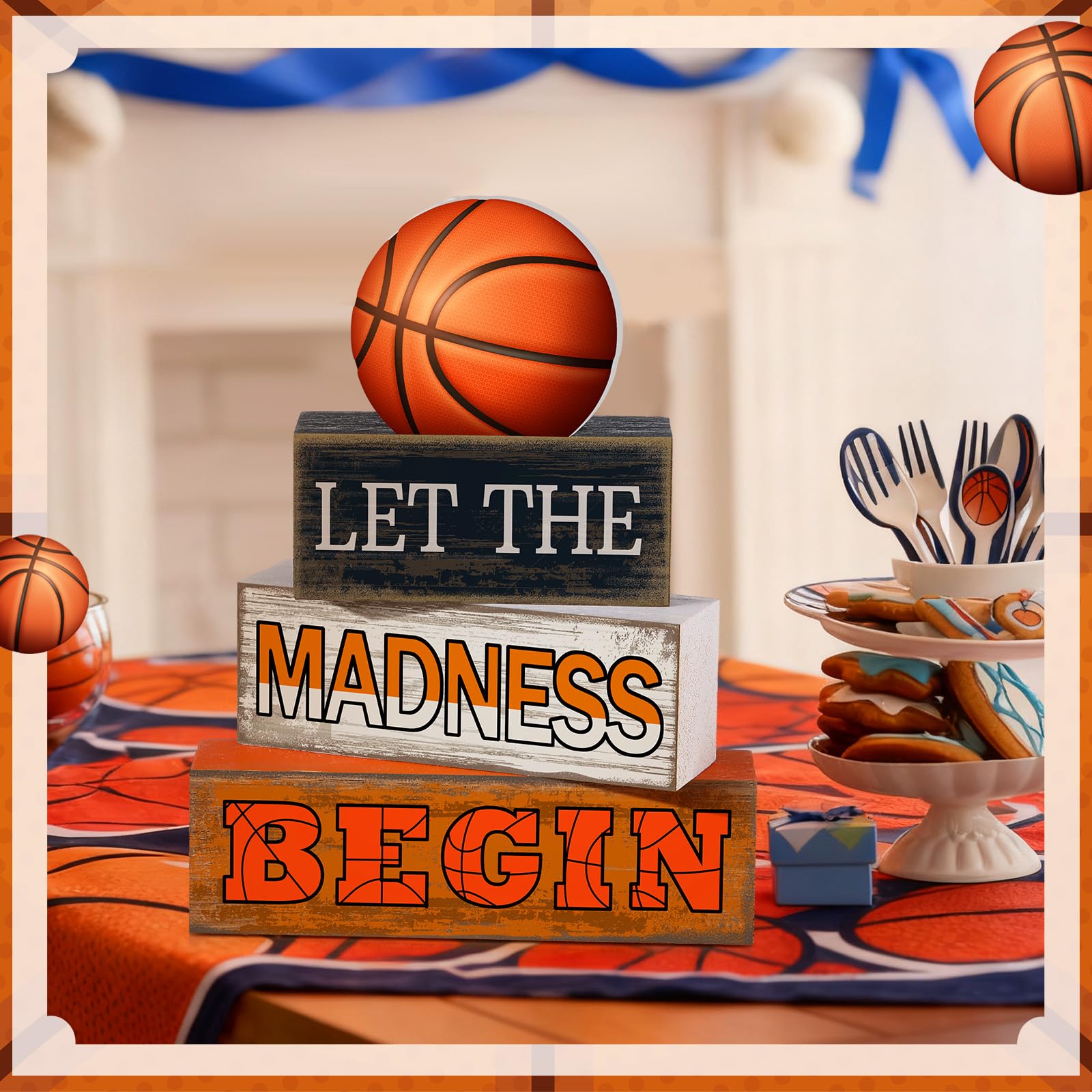 Yuntau 4 Pcs Basketball Wooden Table Decorations Basketball Tiered Tray Decor Birthday Party Table Centerpieces Rustic Wood Bloc