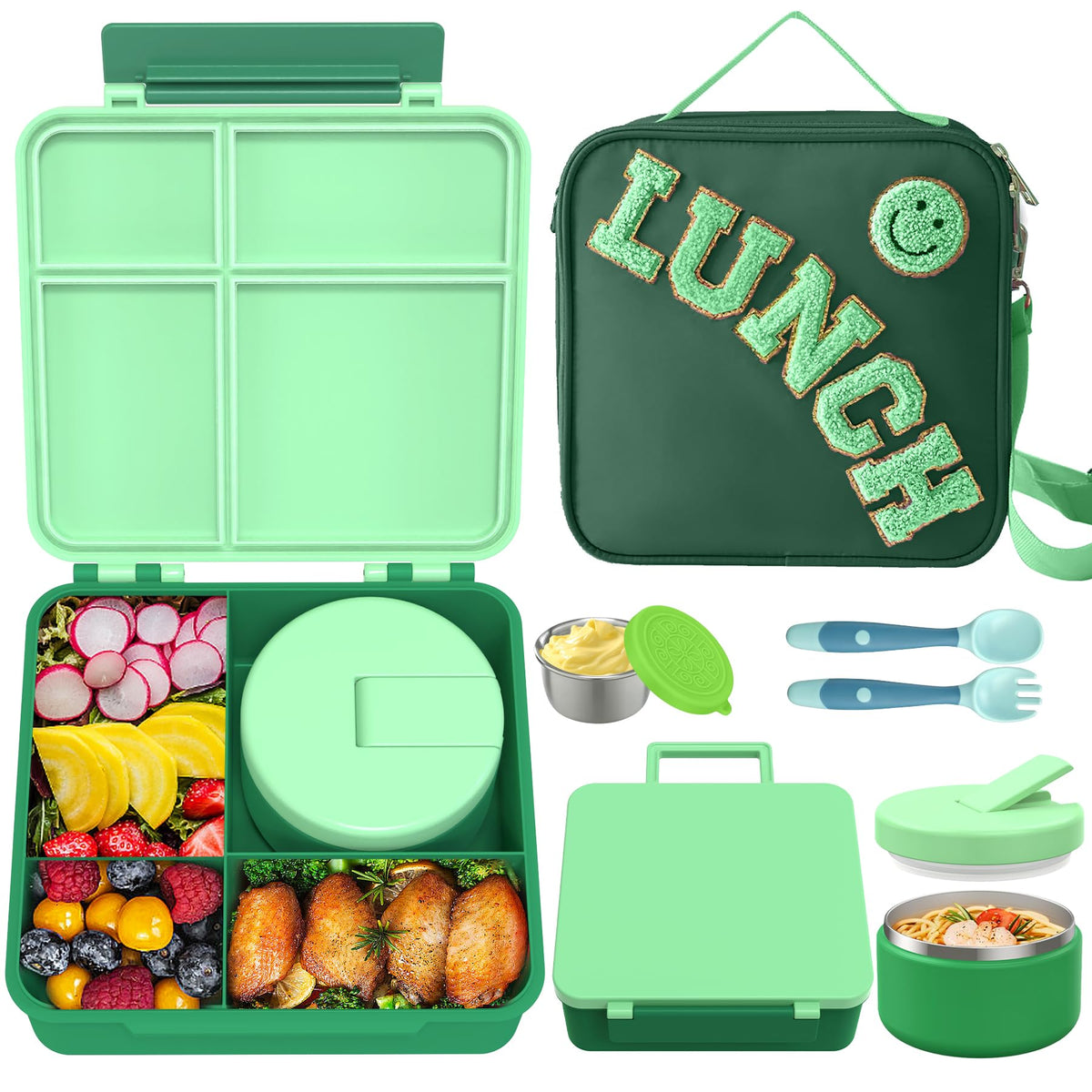 Aimsnk Kids Bento Lunch Box With 8Oz Soup Thermo, Kids Leakproof Lunch Food Containers With 4 Compartment, Kids Insulated Hot Fo