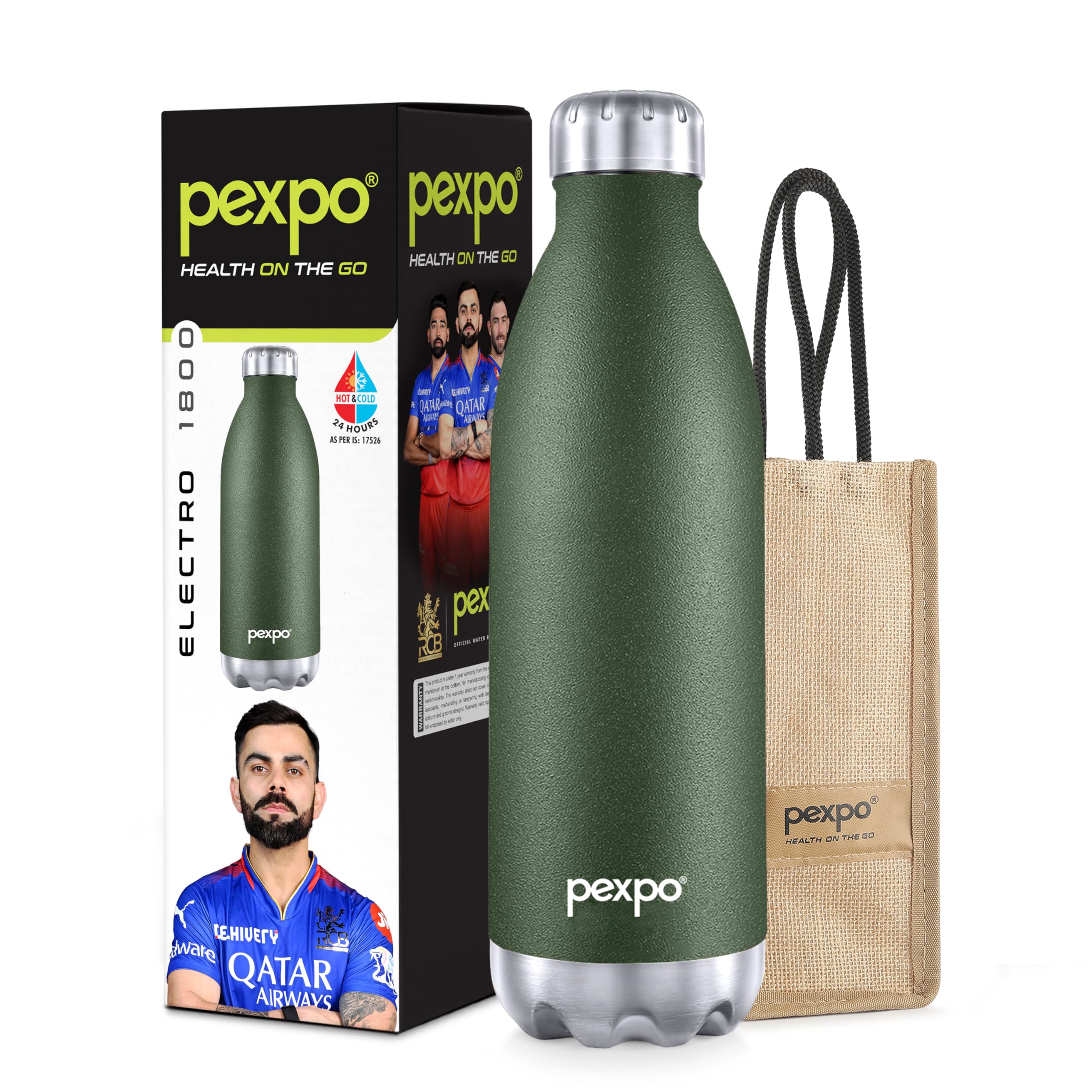 Pexpo Electro Pro Hot & Cold Isi Certified With Jute Bag | Stainless Steel Water Bottle 1800Ml Military Green | Thermoflask | O