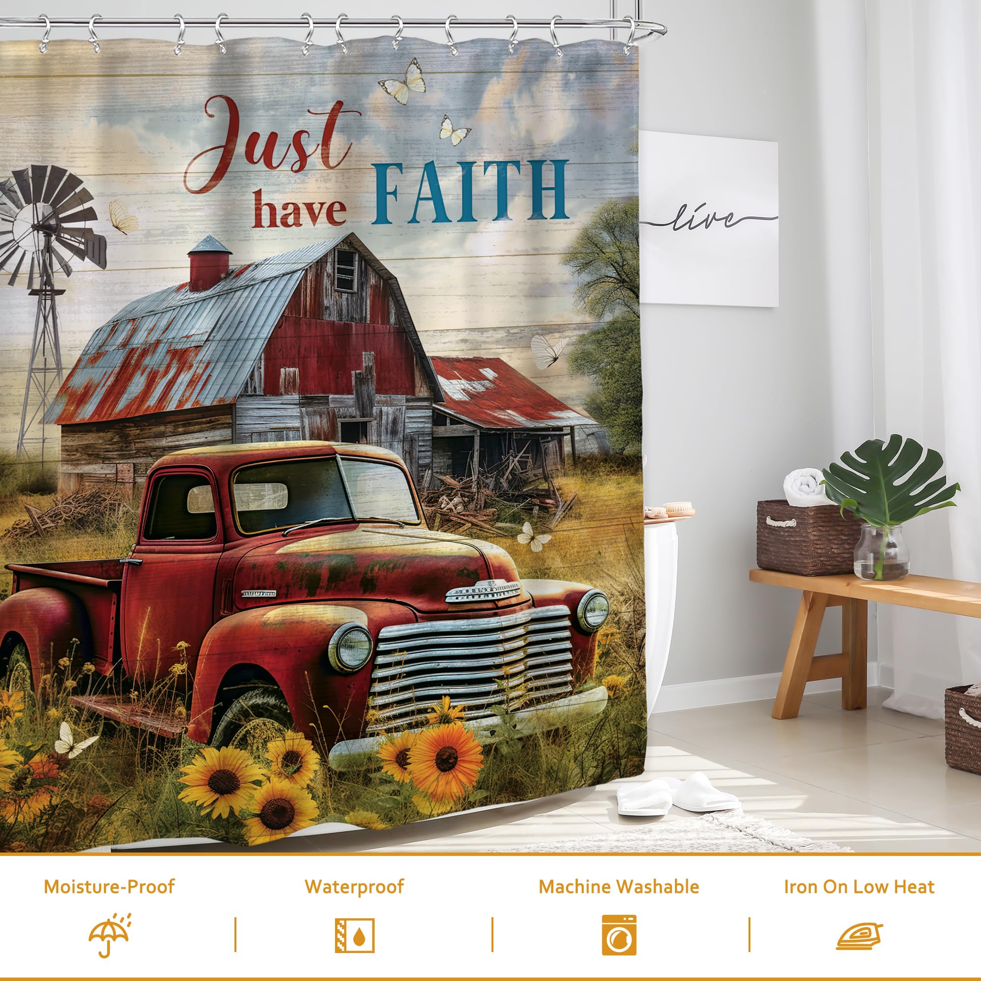 Glawry Rustic Farmhouse Shower Curtain 60Wx72L Inches Retro Red Truck Positive Quote Vintage Sunflowers Wooden Western Farm Coun