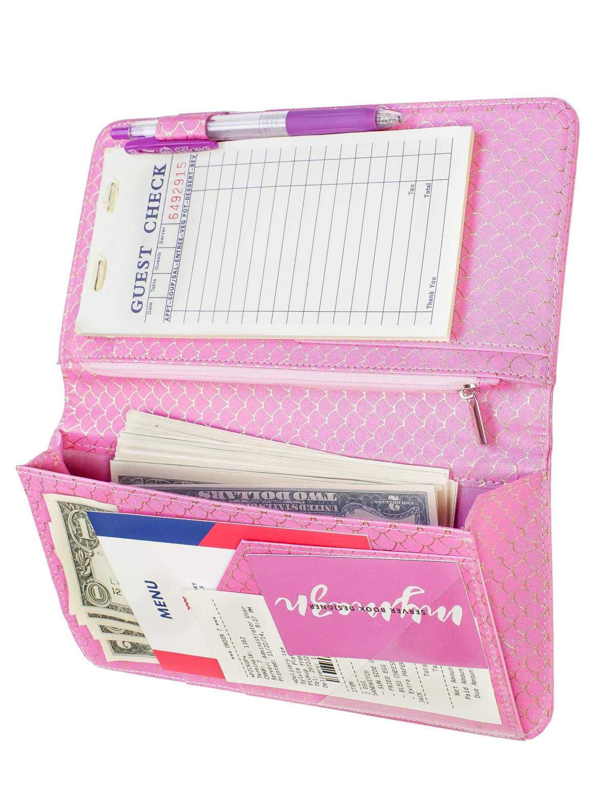 Mymazn Server Books For Waitress Wallet Shimmer Cute Waitressing Book Waiter Organizer With Magnetic Money Zipper Pocket Fits Re