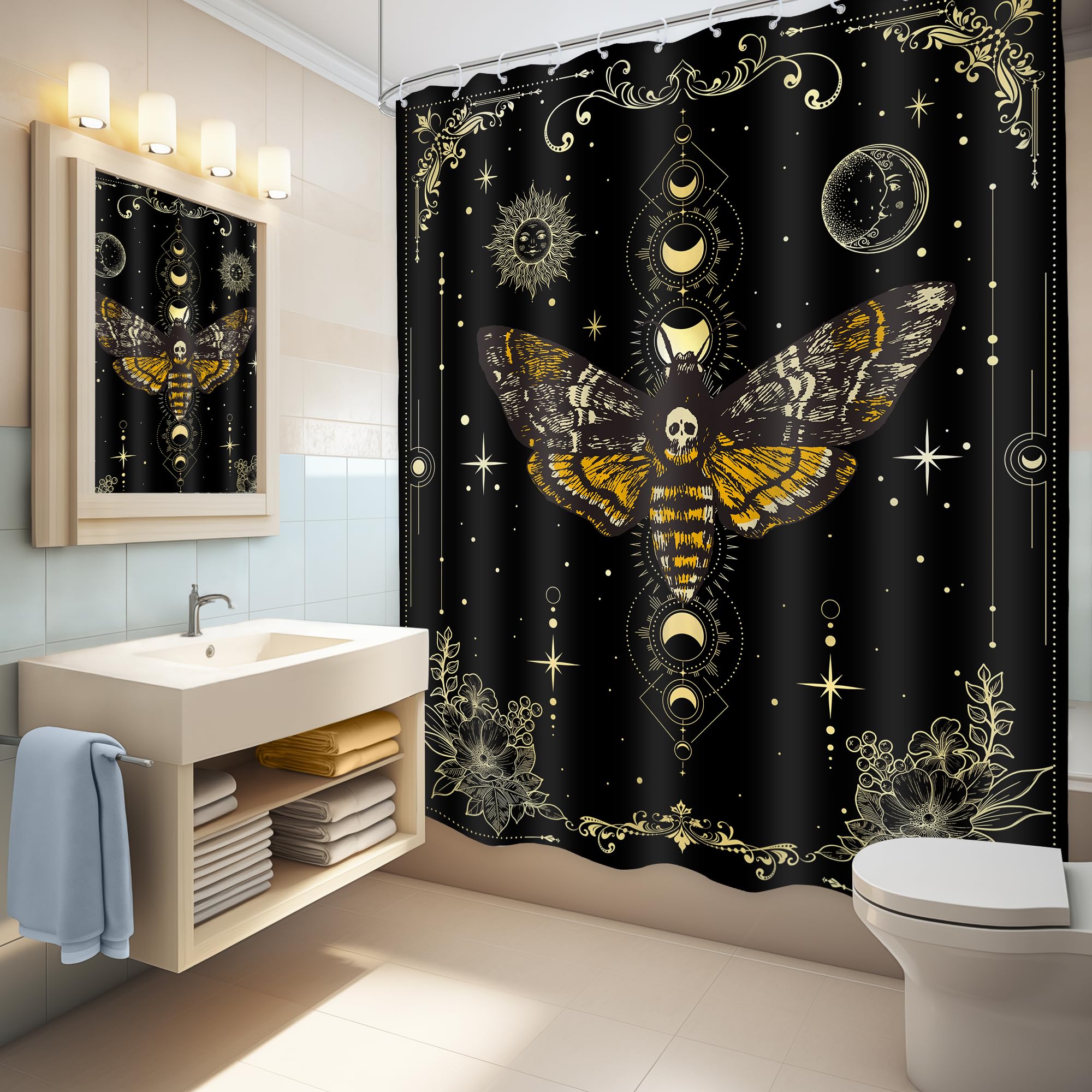 Lghtyro Skull Moth Gothic Shower Curtain Bathroom Set 60Wx71H Inches Witchy Moon Phase Black Gold Death Head Fairy Spooky Celest