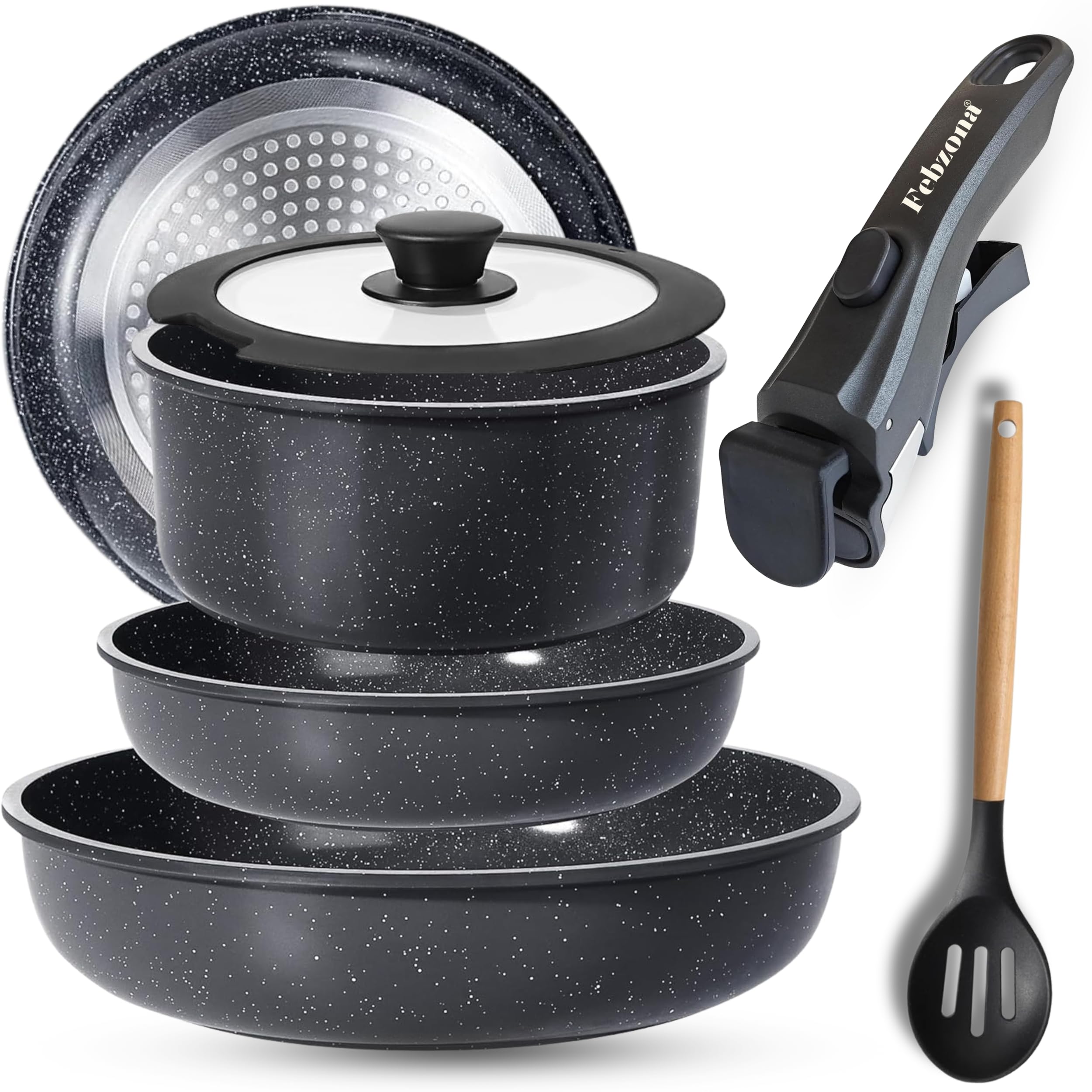 Febzona 6 Pcs Pots And Pans Non Stick Cookware Combo Set Induction Ready, With Detachable Handle, Stackable Kitchen Cooking Set 