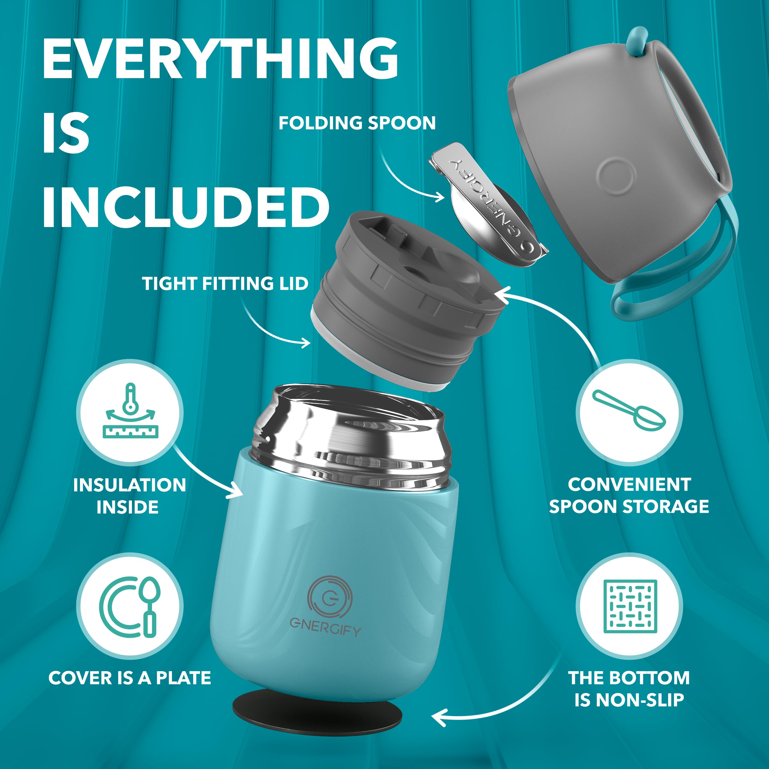 Vacuum Insulated Food Jar. Portable 17Oz Wide Mouth Thermos Incl. Folding Spoon, Cup. Hot & Cold Drinks, Soup, Thermo Lunch Cont