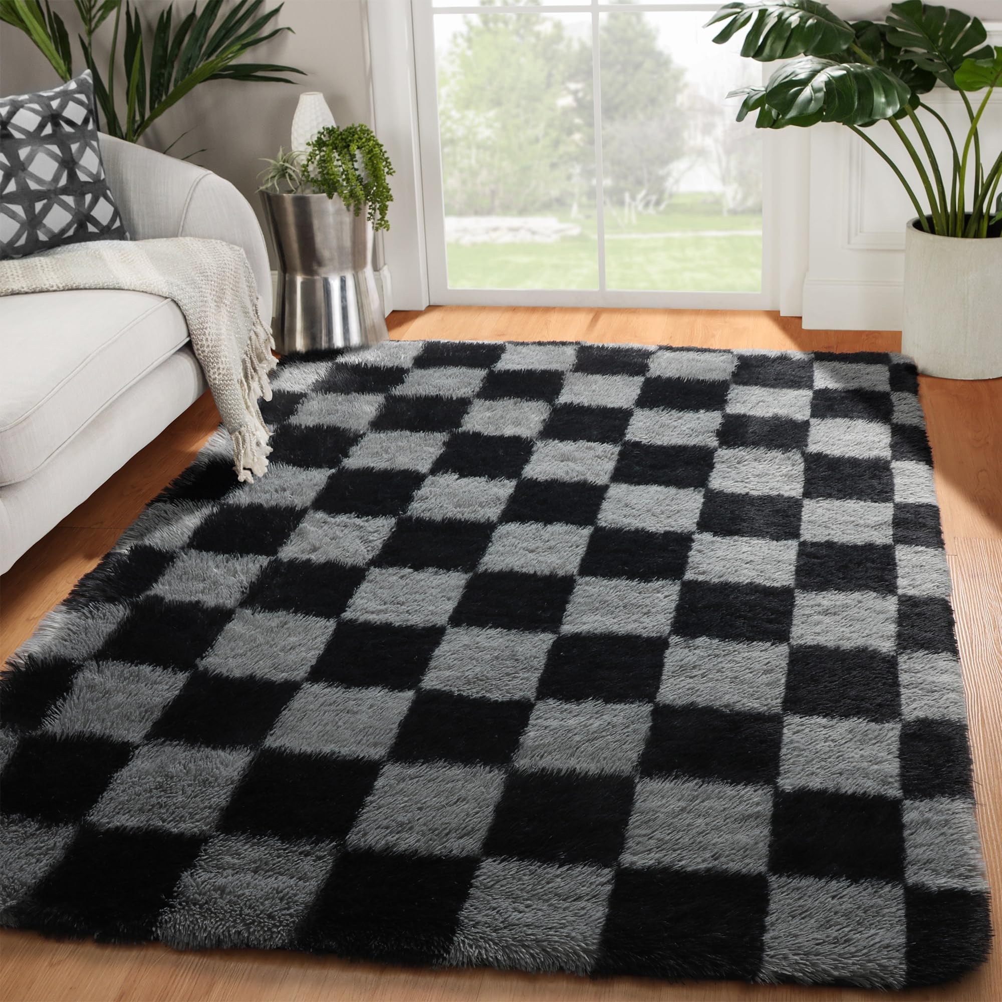 KICMOR Black and Grey Area Rug for Bedroom, 4x6 Fluffy Fuzzy Shag Checkered Rugs Shaggy Carpet for Living Room, Soft Plush Furry