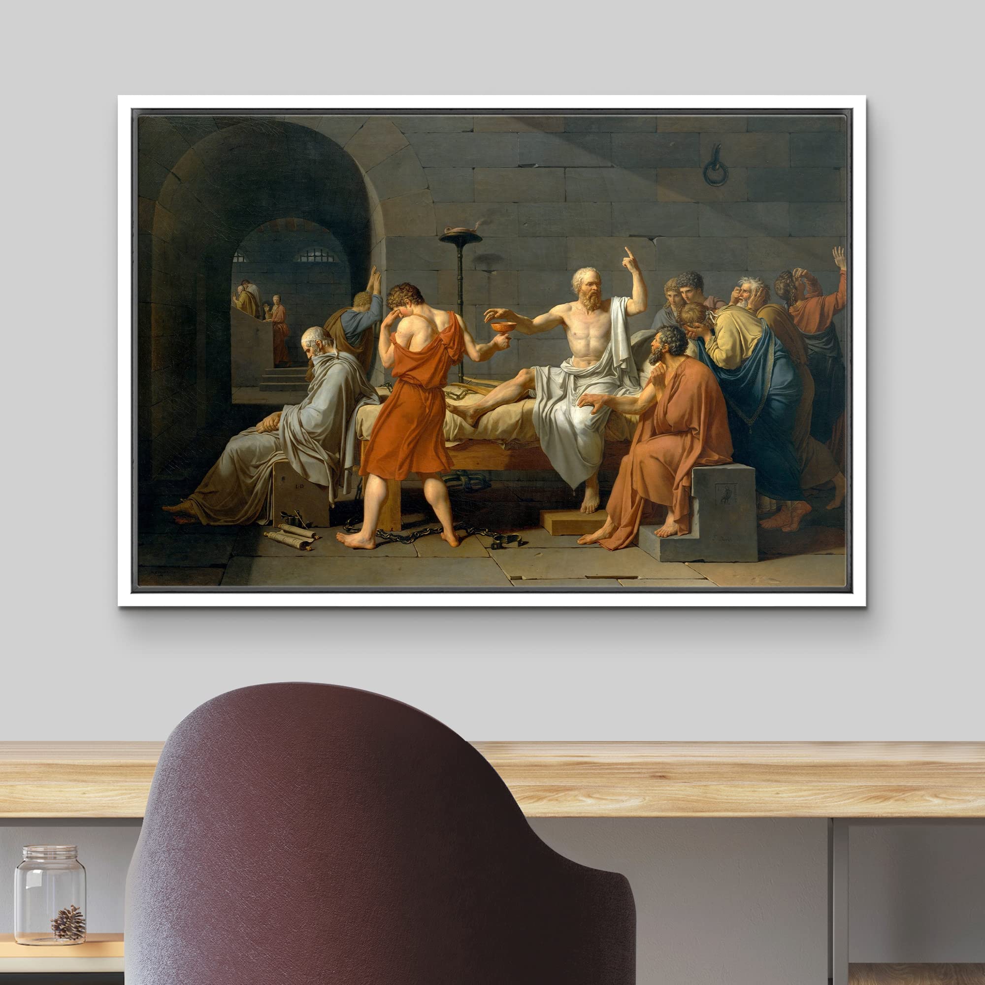 Wall26 - The Death Of Socrates By Jacques-Louis David - Framed Canvas Print Wall Art Famous Painting Reproduction - 24''X36'' Wh