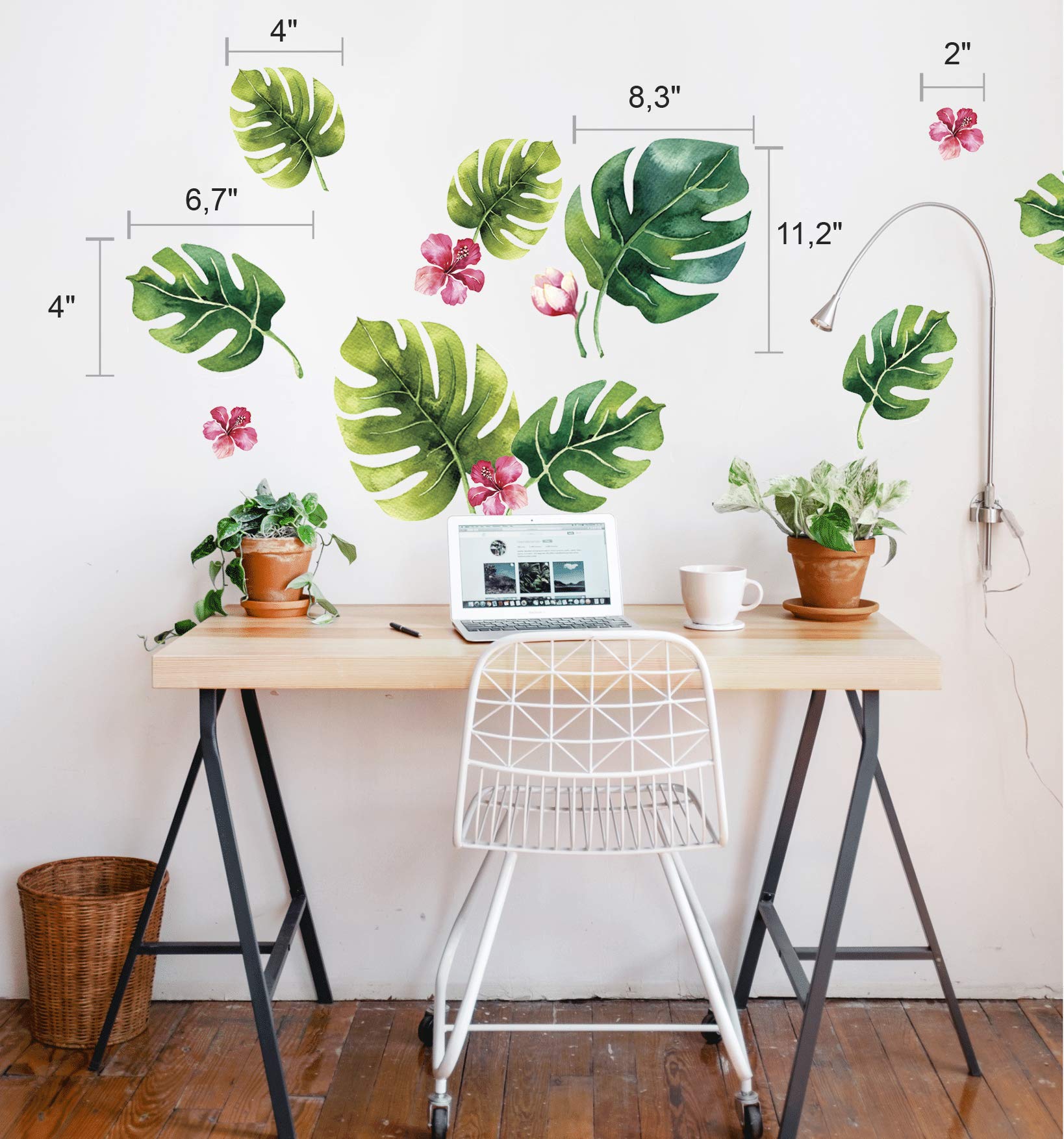 Tropical Flower Palm Leaf Wall Stickers - Tropical Leaves Decals - Foliage Monstera Wall Decal - Jungle Theo Leaf Decals - Banana Greenery Vinyl D?or Cling with Gift