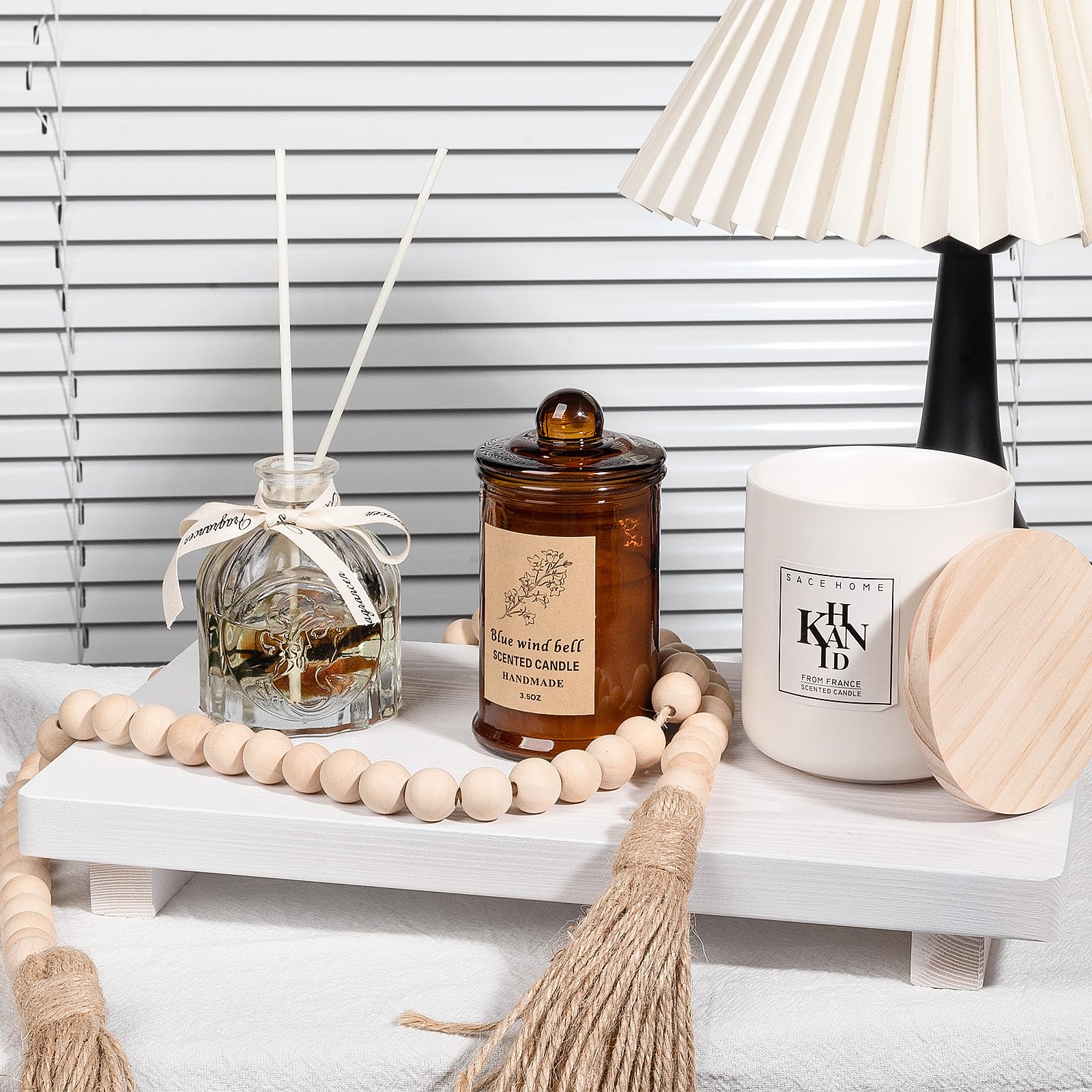 Bathroom Counter Organizer Wood Pedestal Stand Farmhouse Decorative Tray Soap Holder For Kitchen Decor, Large 11.8'' X 7'' - Whi