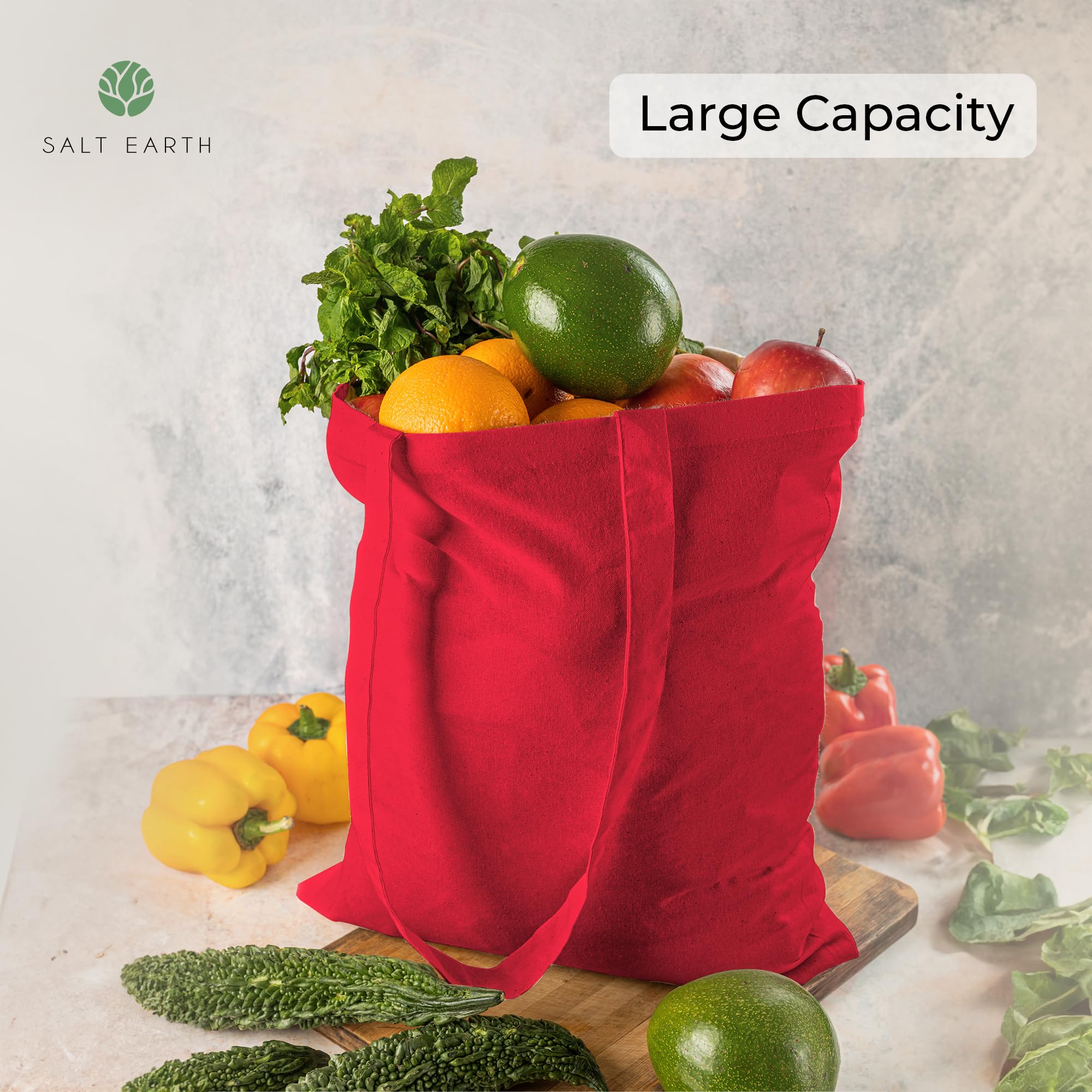 Salt Earth Pack of 5 | 6 | 12 | 24 | 48 - 100% Cotton Reusable Tote Bags - Bulk Grocery, Shopping, DIY, Beach & Gift Use (Red)