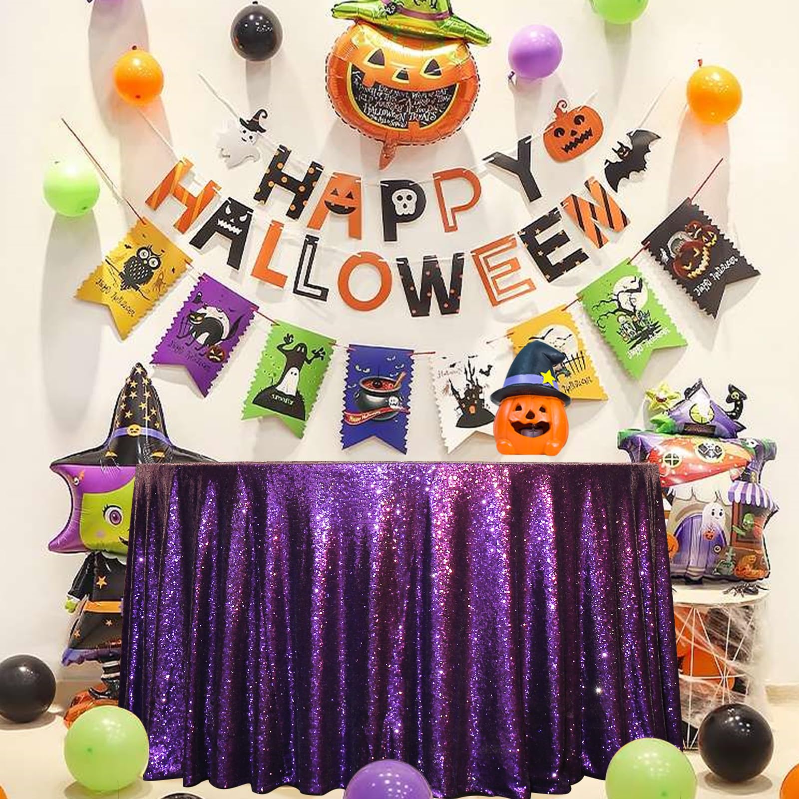Eternal Beauty Halloween Round Tablecloth, 120-Inch Purple Sequin Tablecloth For Wedding Party/Dessert Table/Christmas Decoratio