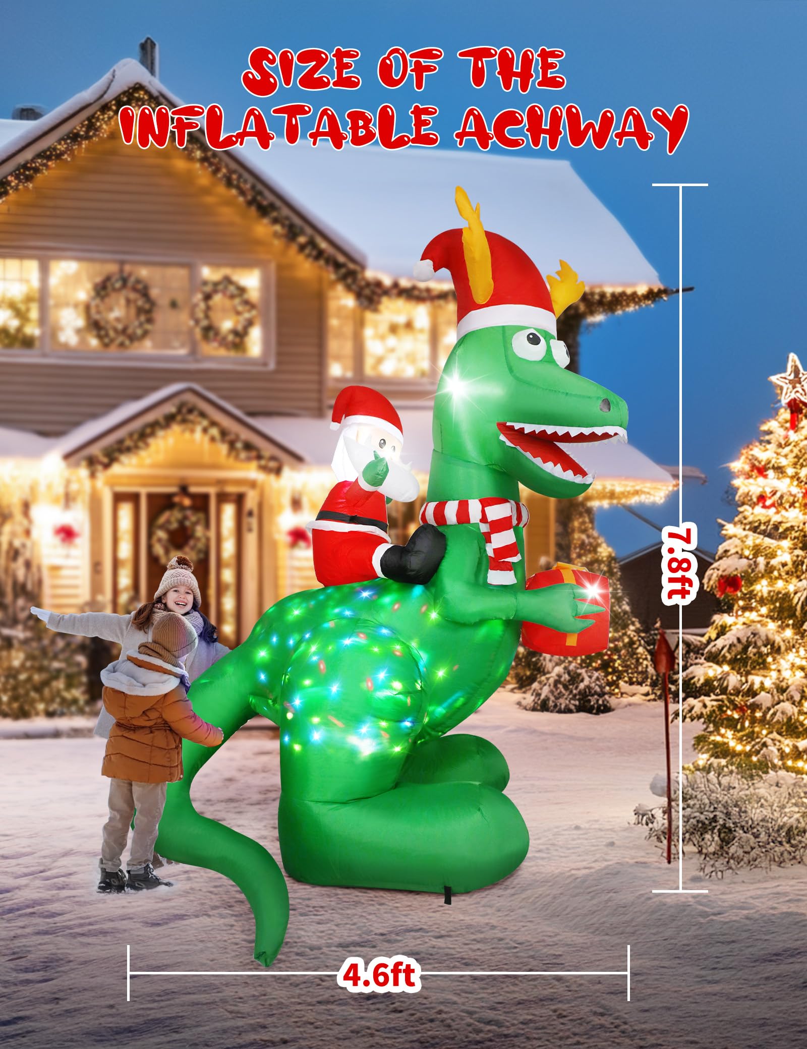 8ft Christmas Inflatables Dinosaur Outdoor Decorations with Bright LED and Disco Light, Santa Claus Riding Dinosaur Holding Gift