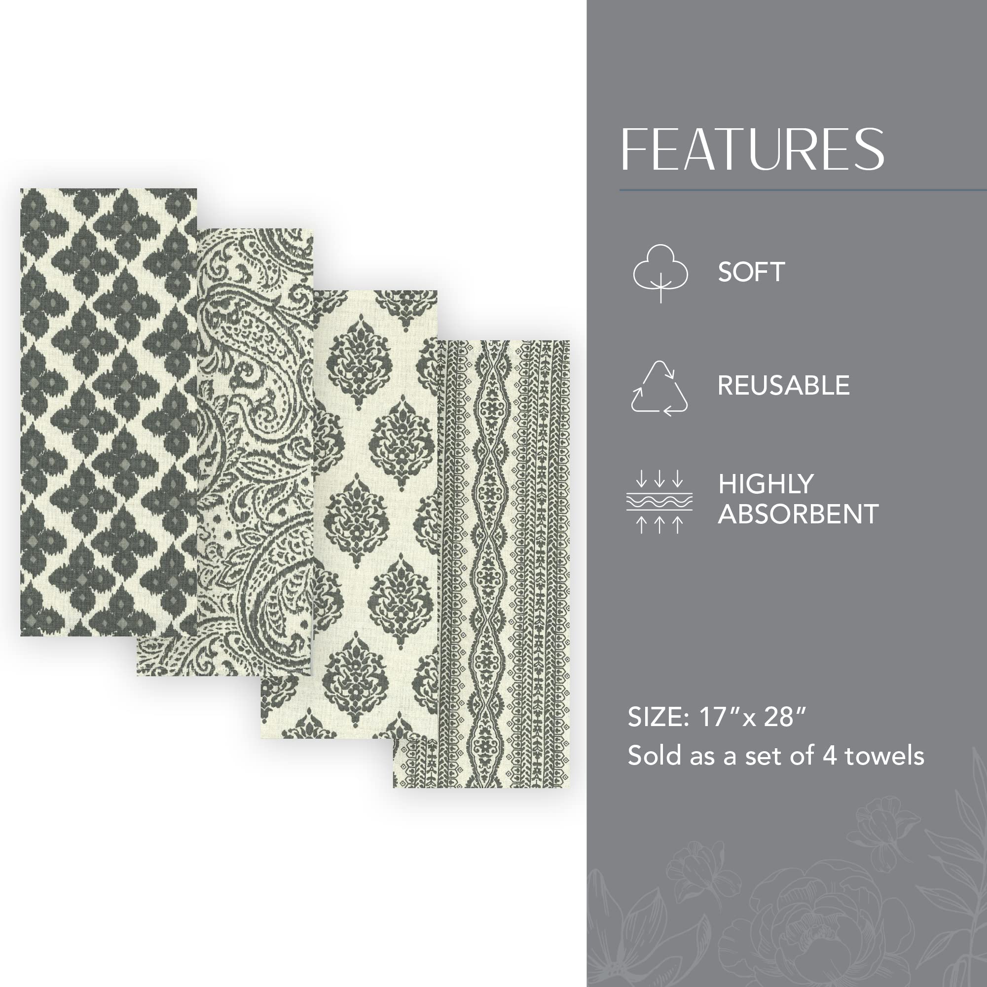 Elrene Home Fashions Everyday Casual Prints Assorted Cotton Fabric Kitchen Towels, Set Of 4, 17'' X 28'', Gray 4 Count