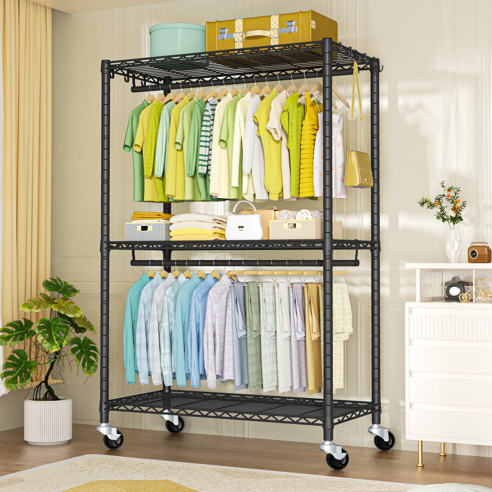 Futassi P3 Plus Rolling Clothes Rack, Clothing Racks For Hanging Clothes, Heavy Duty Garment Rack With Wheels, Freestanding Port