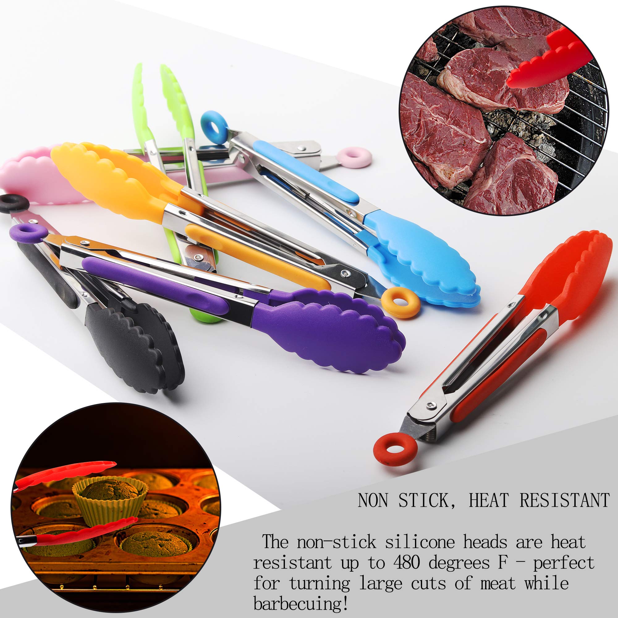 7 Pack Kitchen Tongs Set 7-Inch Color Mini Small Food Tongs With Stainless Steel Silicon Handles And Nylon Tips Heat Resistant T