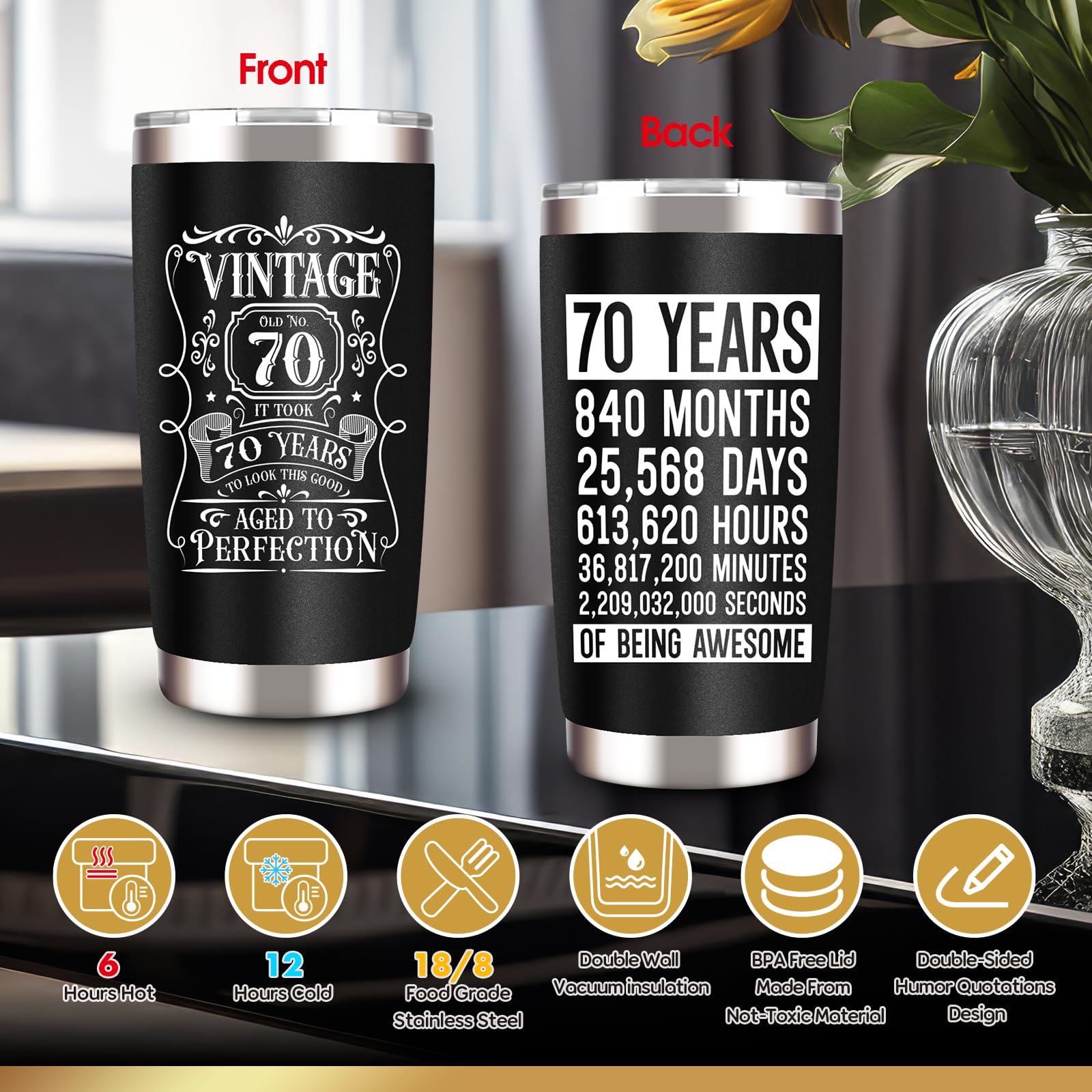 JTAMOHI 70th Birthday Gifts for Men - Unique Box with 20 Oz Tumbler, Scented Candle, Socks, Baseball Cap for Husband, Dad, Grand