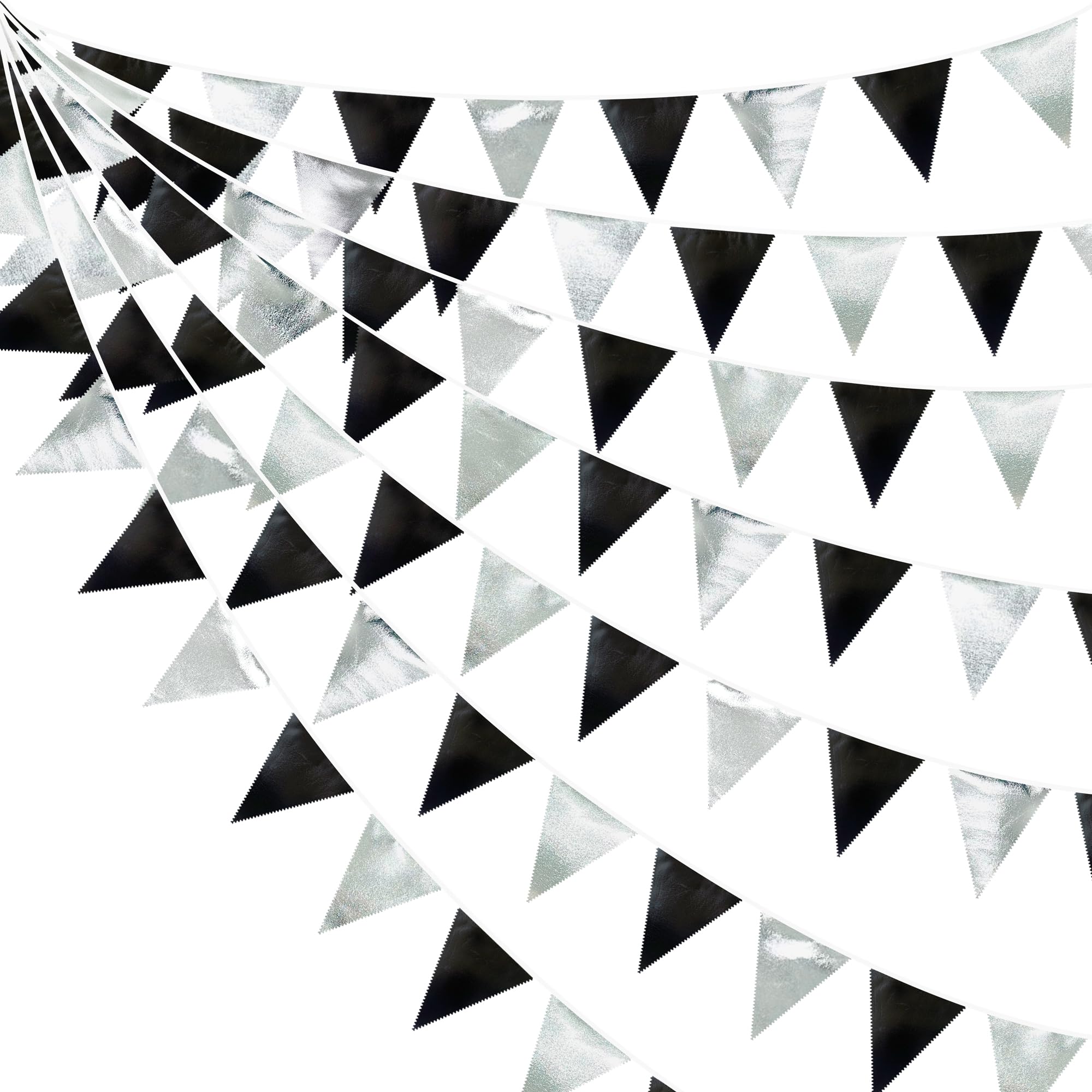 Black And Silver Party Decorations Triangle Pennant Banner Flag Metallic Fabric Bunting Garland For Birthday Graduation Retireme