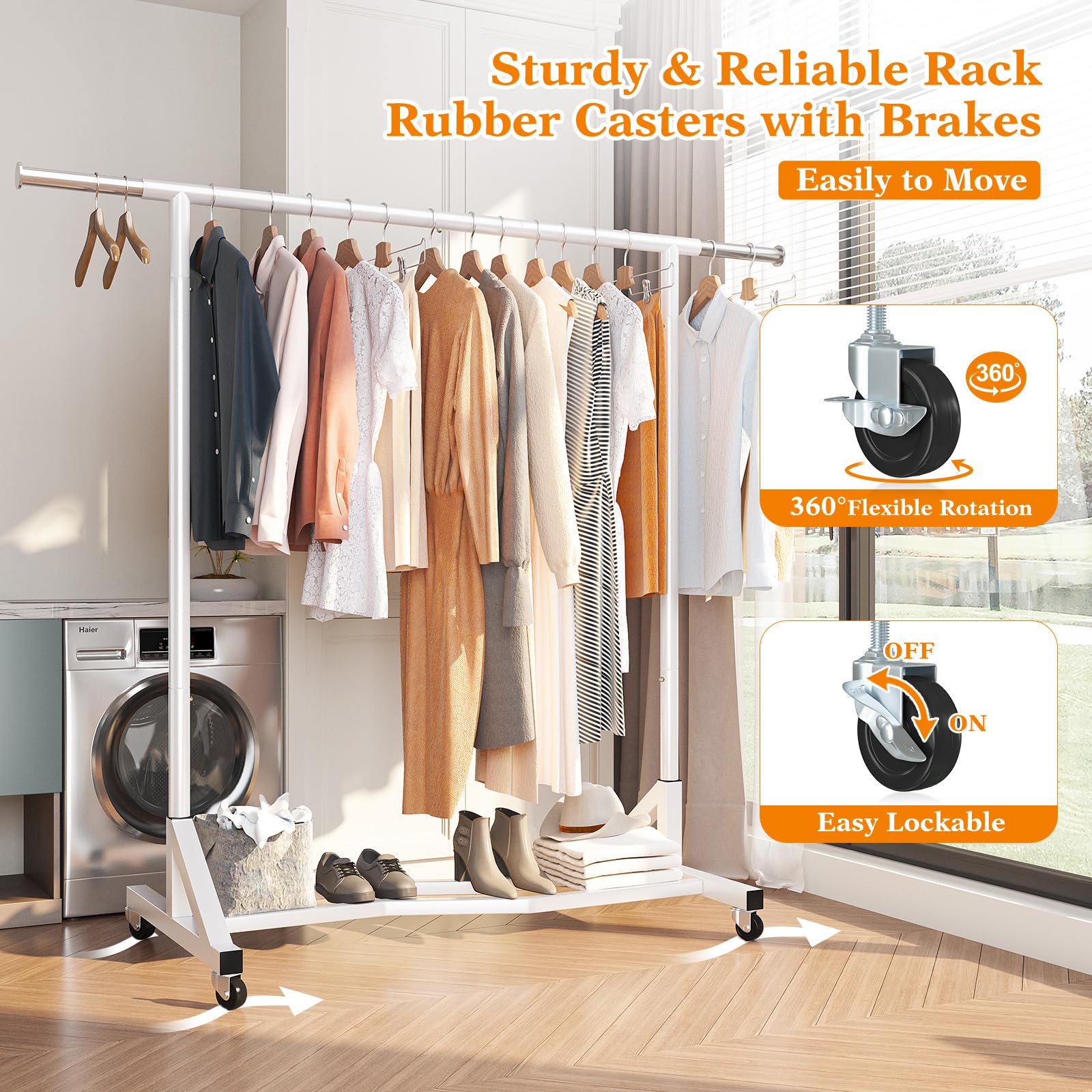 Raybee Heavy Duty Clothes Rack with Wheels, 77"W x 66"H x 24"D, Portable Metal Garment Rack, White