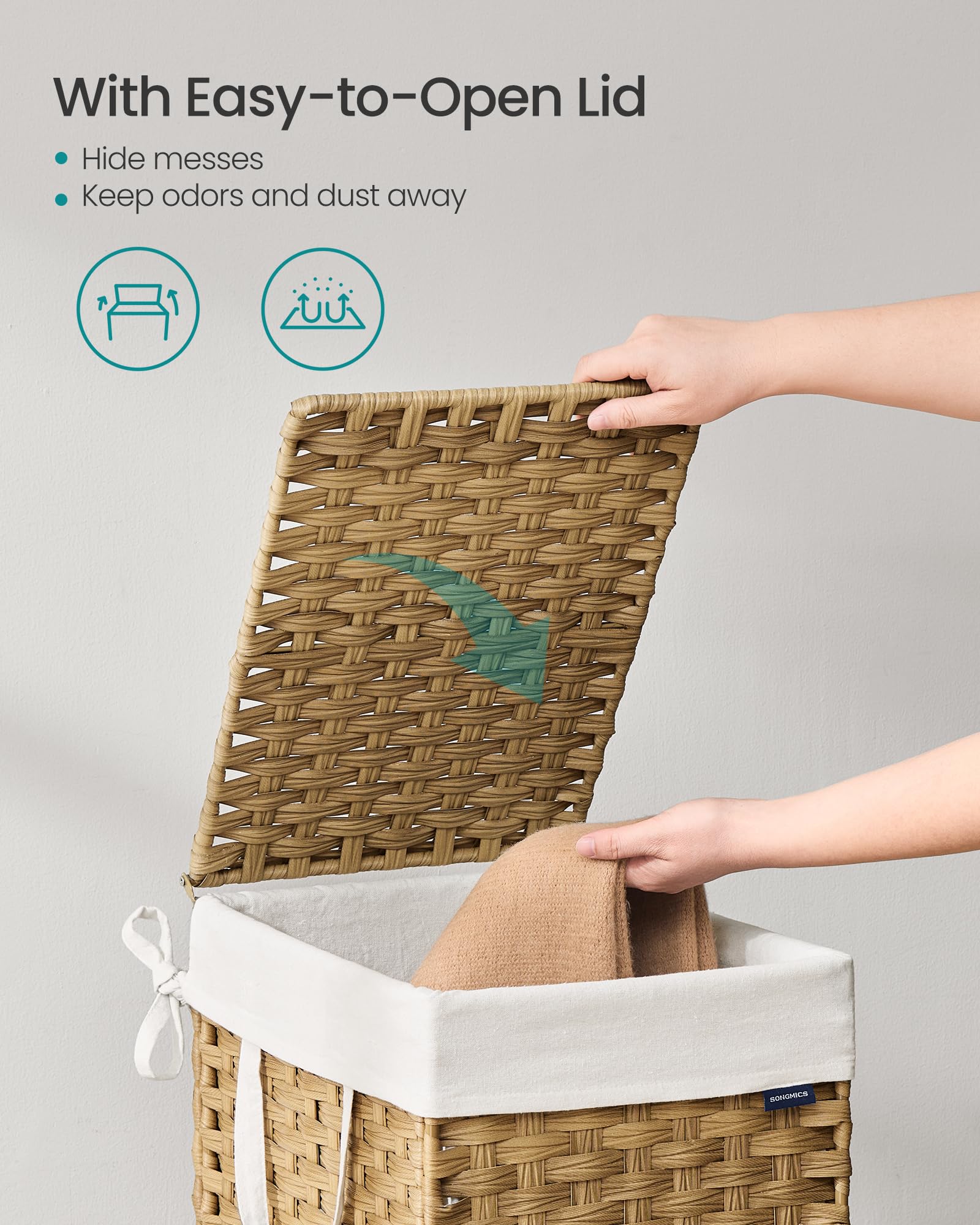 Songmics Laundry Hamper With Lid, 9.5 Gallon (36 L) Synthetic Rattan Clothes Laundry Basket With Lid And Handles, Foldable, Remo