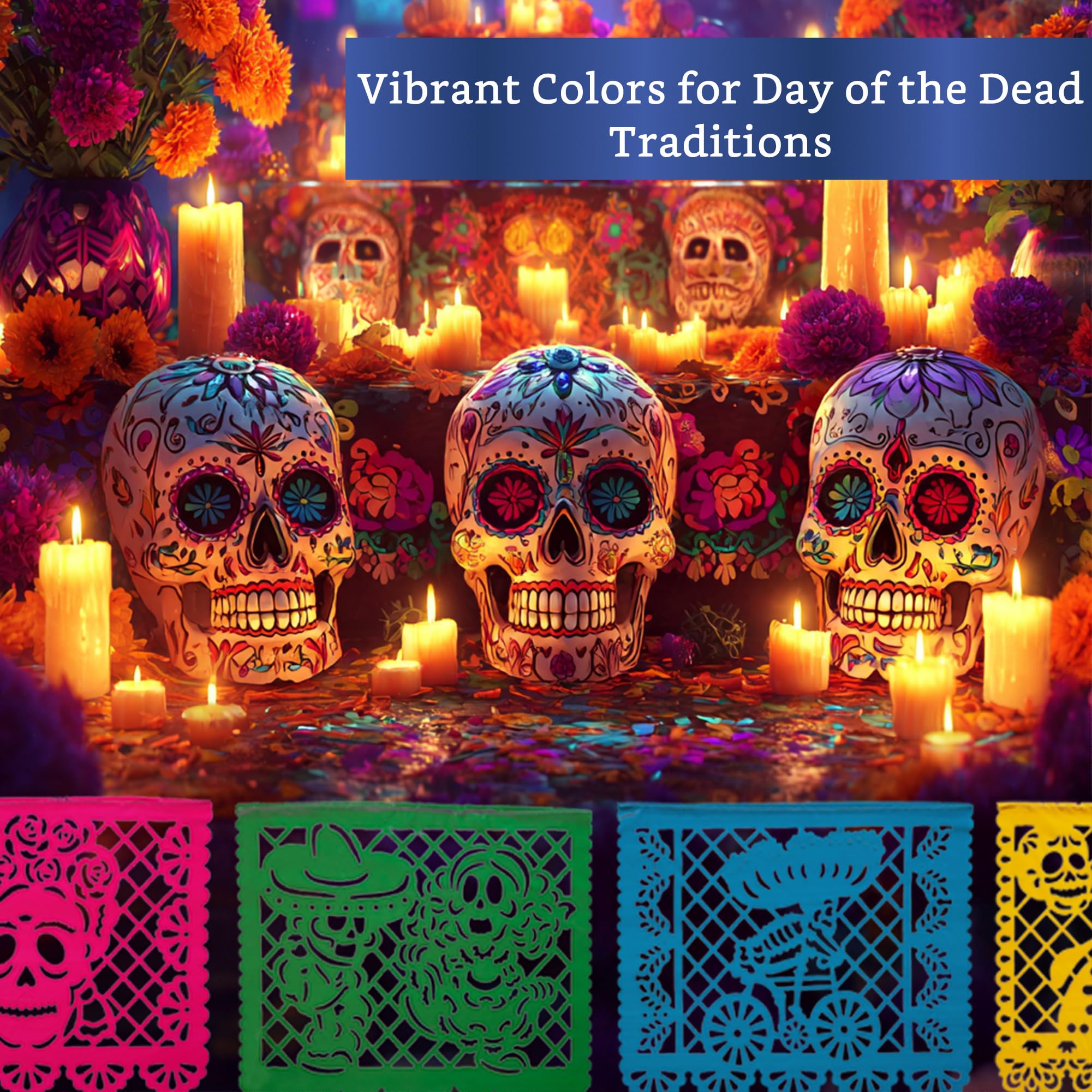 Mexican Party Banners (5 Pack - 10 Plastic Flag Designs per Banner) - Papel Picado Dia de Los Muertos Decorations for Altar - Da
