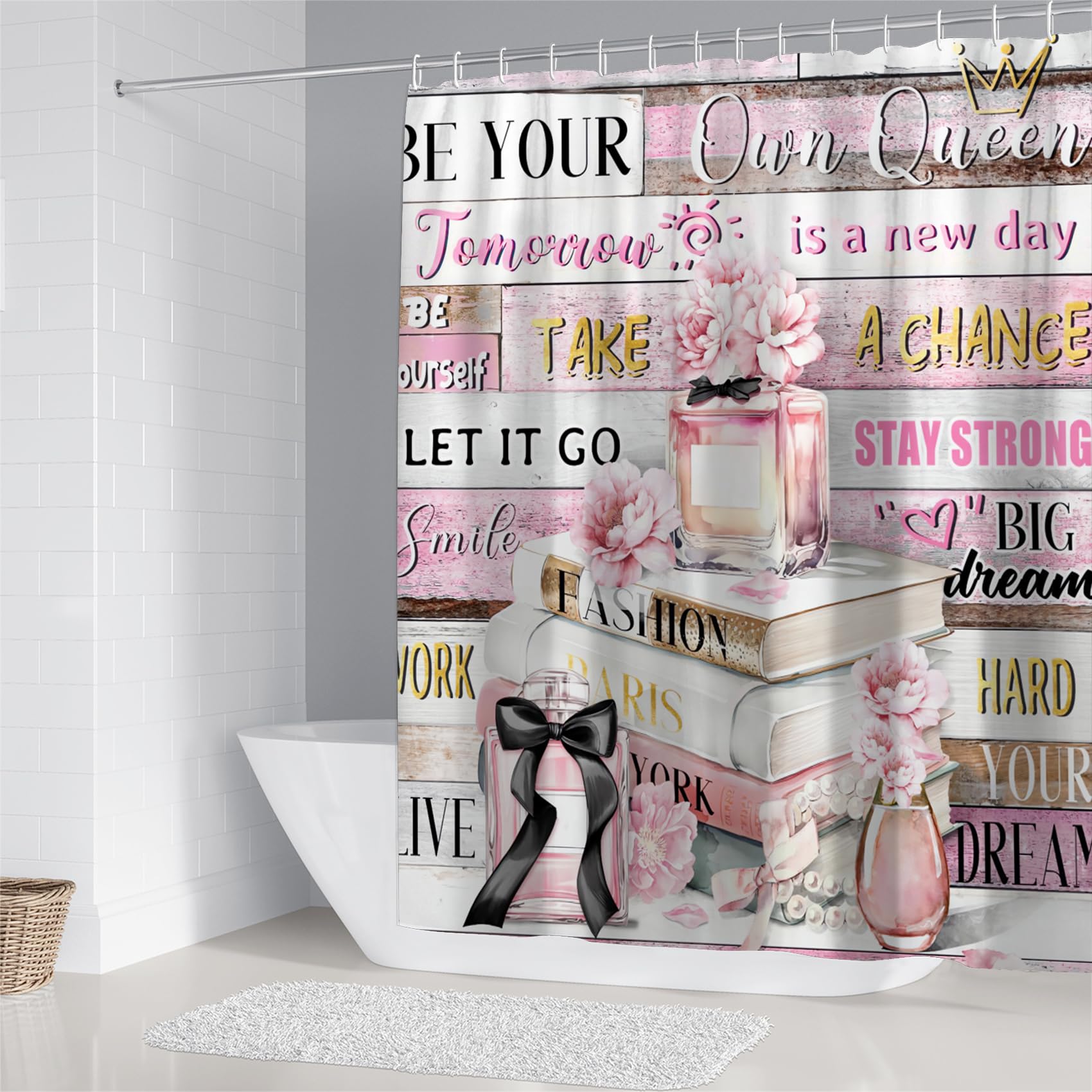 Azhm 4Pcs Shower Curtain Sets Pink Fashion Floral Bathroom Decor Set Inspirational Quotes Bathroom Curtain Shower Set With Rugs