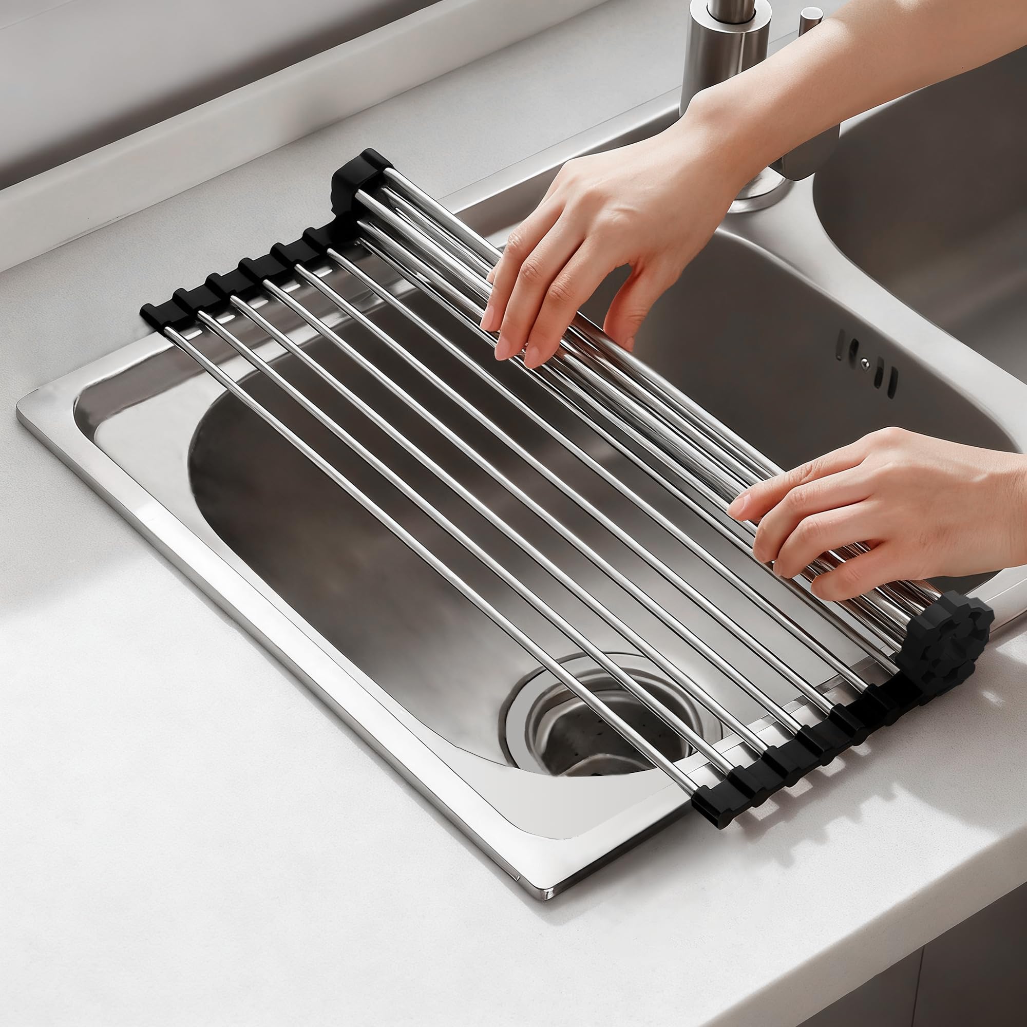 NEZUIBAN Dish Drying Rack with Roll Up and Over Sink for Kitchen,17.5x11.8,Black