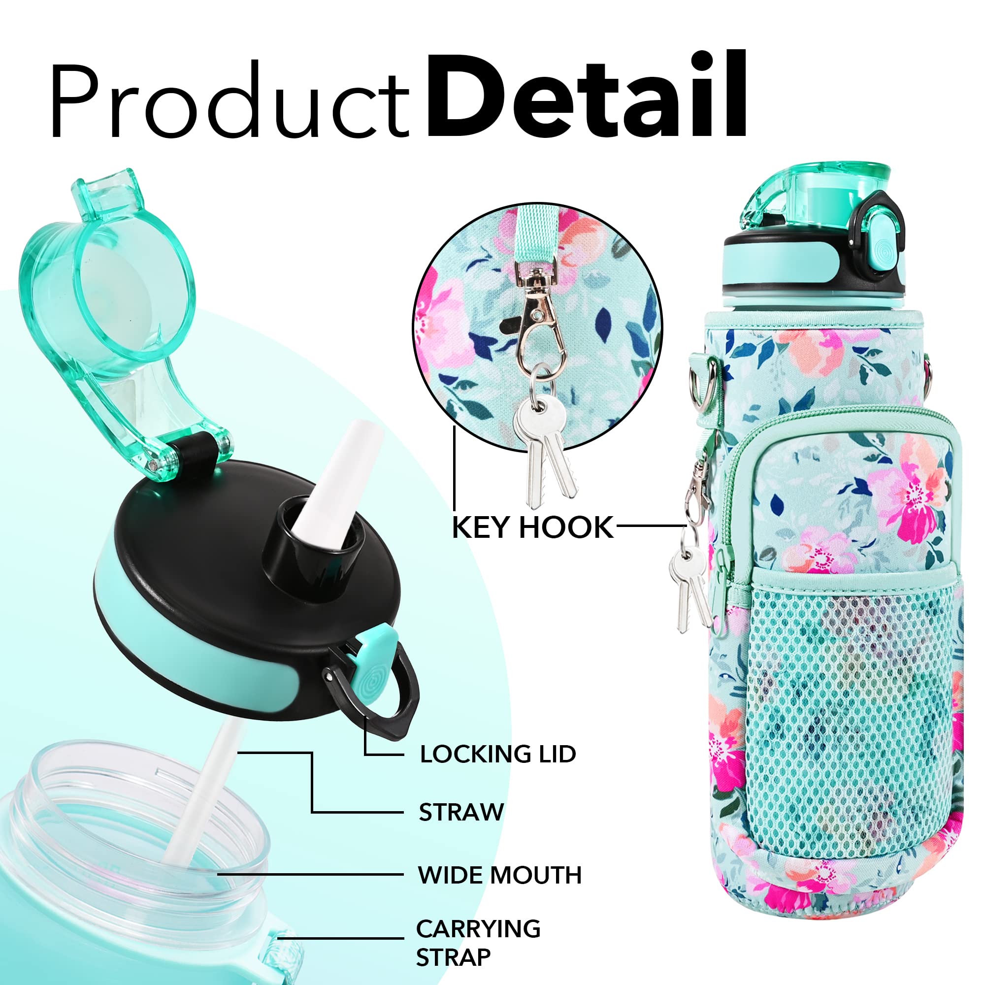 Newfad 32 oz Water Bottles with Straw & Strap  Motivational with Times to Drink  BPA Free Reusable Sports Water Bottle with Sleeve for Hiking  Travel  Running or Fitness (Spring Bouquet)