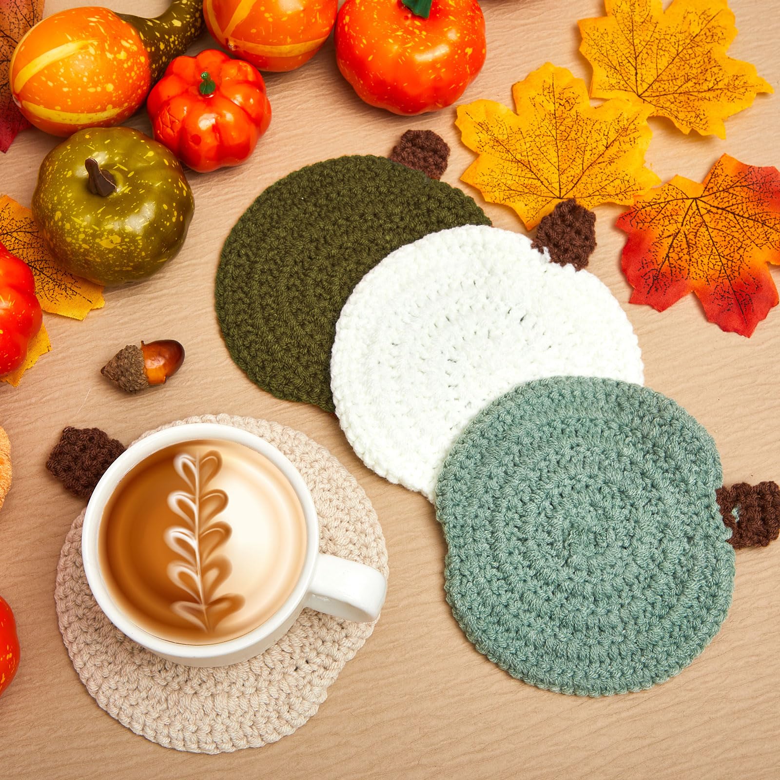 Hushee 4 Pcs Fall Crochet Coasters Thanksgiving Pumpkin Coaster 4.72 Handmade Woven Pumpkin Drink Cup Pad Mats for Autumn Harves