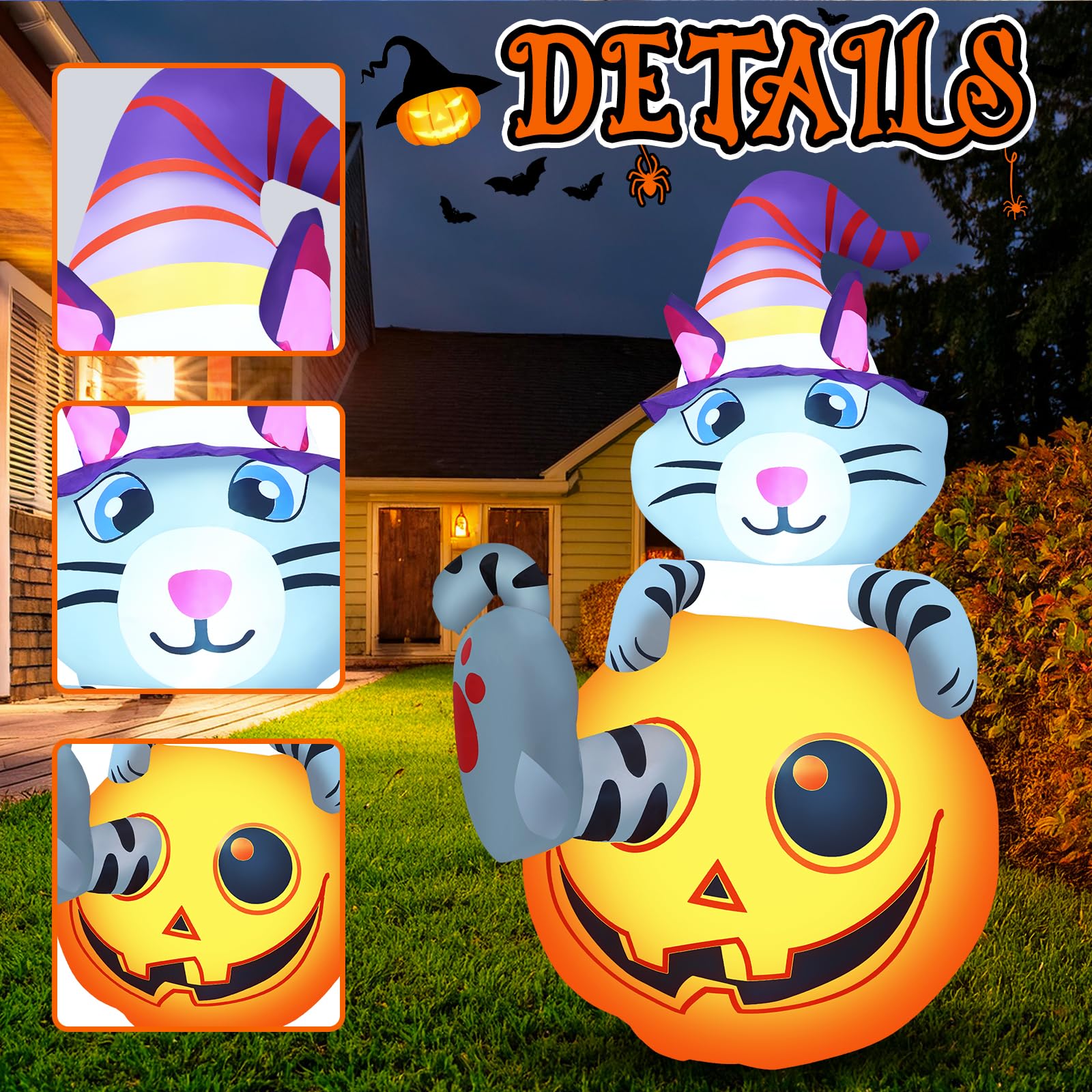 5.5ft Halloween Inflatables Cute Pumpkin Cat Outdoor Decorations Blow Up Yard Decor with Witch Hat Outside Kids Friendly Hallowe