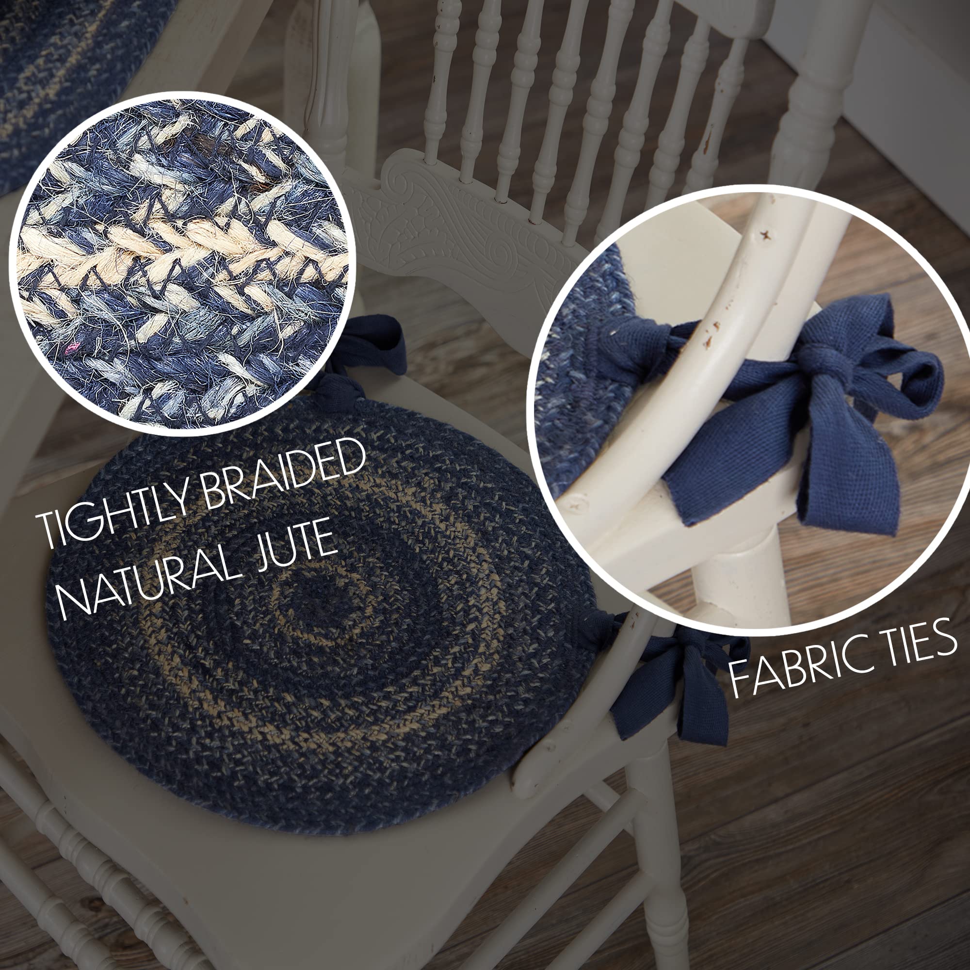 Vhc Brands Great Falls Blue Round Seat Cushion Chair Pad, Blue White, Jute Blend With Ties, 15X15 Inches