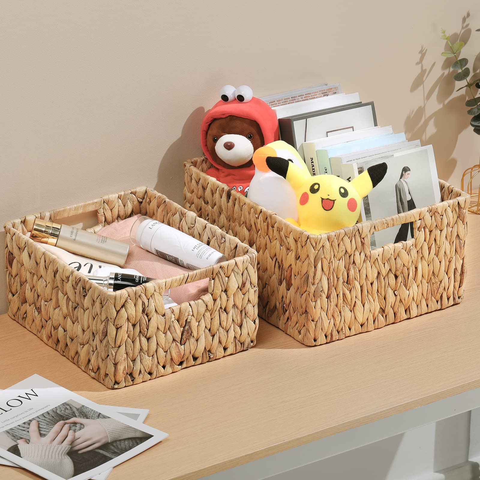 HOONEX Water Hyacinth Storage Baskets  Wicker Baskets for Organizing  Hand Woven Baskets with Carry Handles  Set of 2  Natural