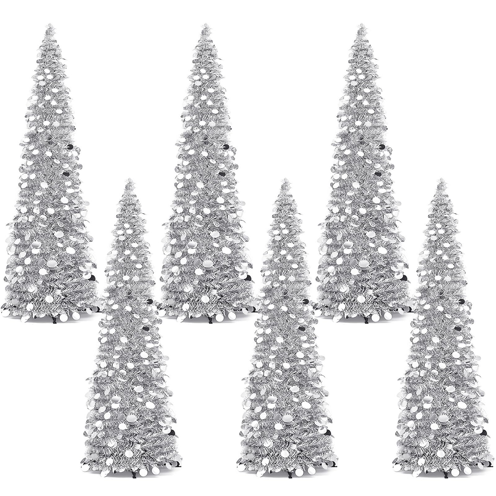 Leyndo 6 Pcs 5 ft Collapsible Artificial Christmas Tree Pop up White Sequined Tinsel Pencil Skinny Xmas Tree for Home Fireplace 
